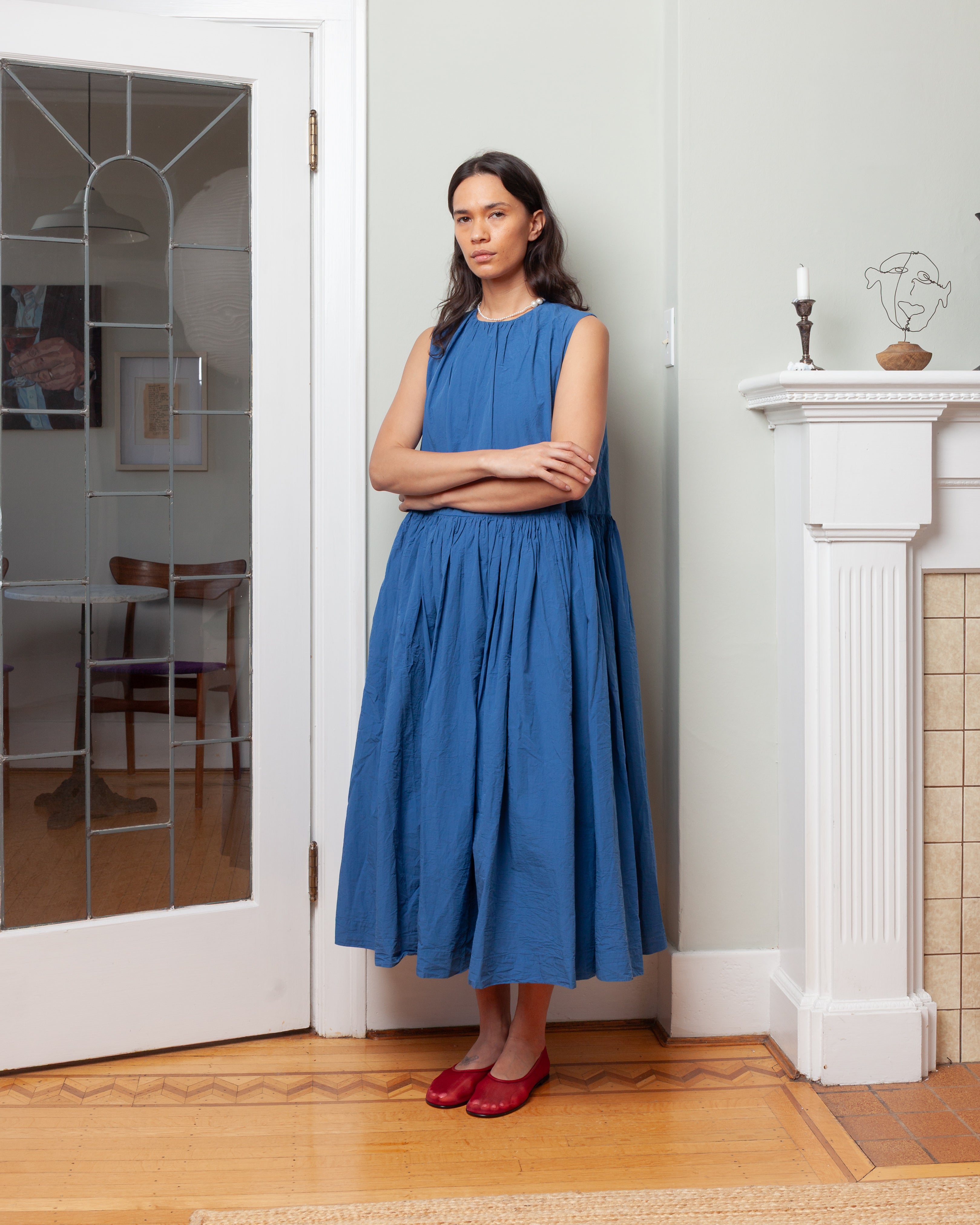 Casey Casey-Pomme Ruchee Dress - Chalk Poplin - Medium Blue-Dresses-Boboli-Vancouver-Canada