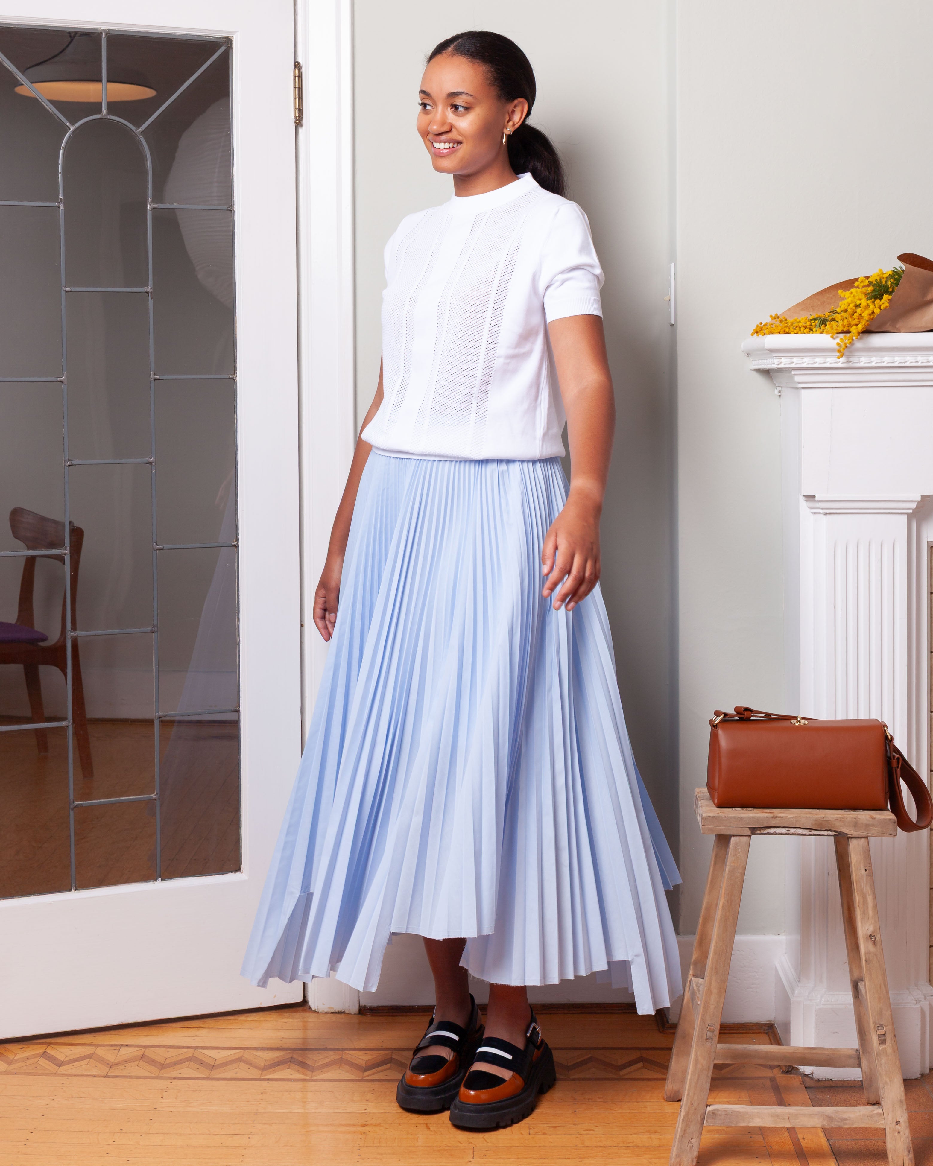 Plan C-Woven Pleated Skirt - Sky Blue-Skirts-Boboli-Vancouver-Canada