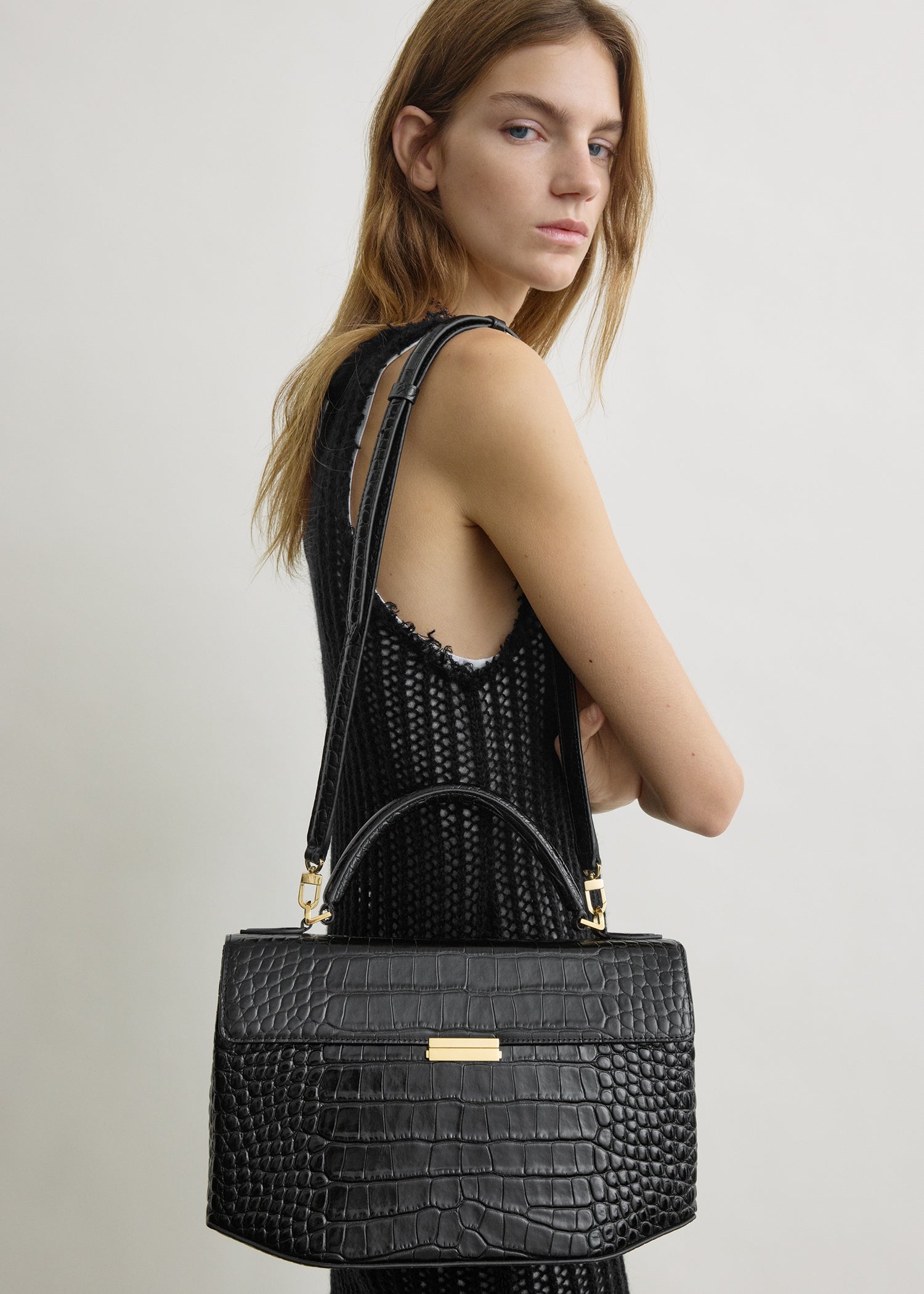 Totême-Clip Croco-Embossed Top Handle - Black-Bags-Boboli-Vancouver-Canada