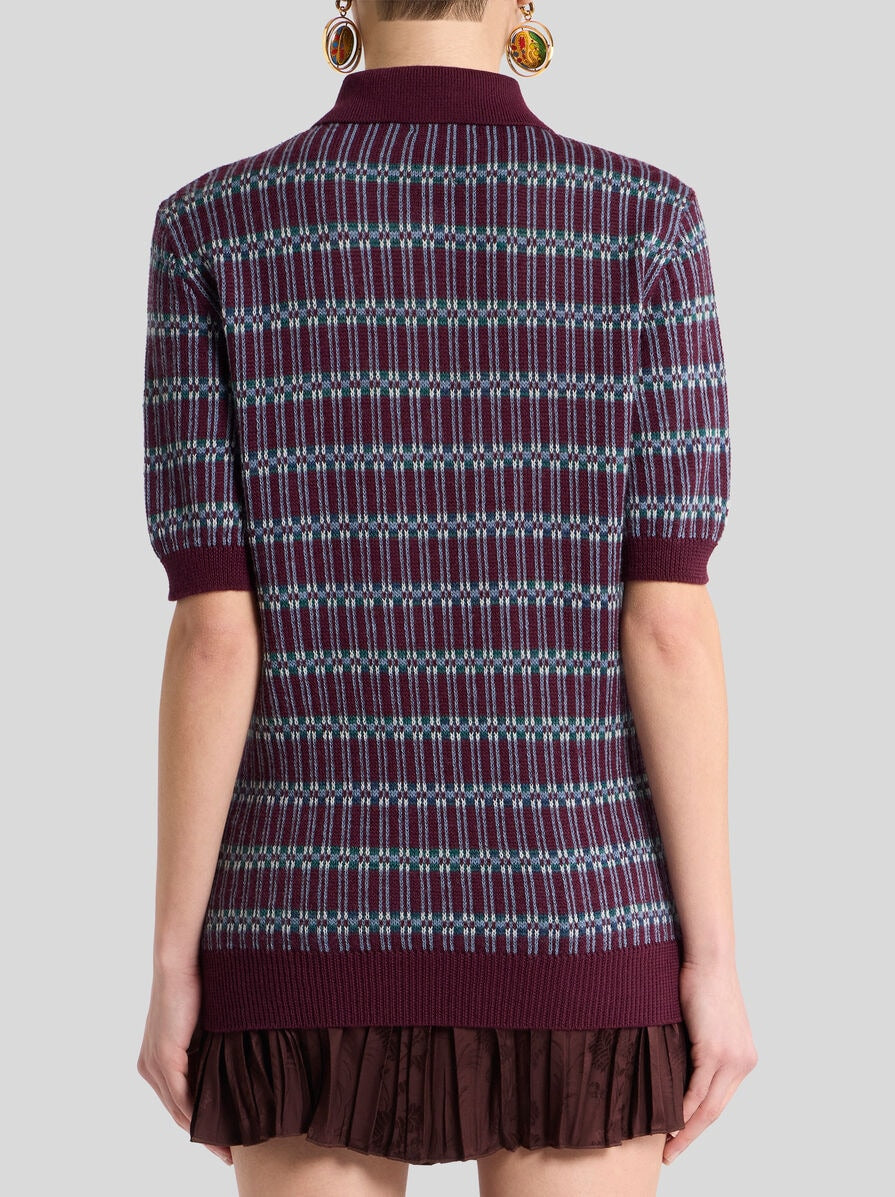 Etro-Wool Blend Jaquard Polo Shirt - Burgundy-Shirts-Boboli-Vancouver-Canada