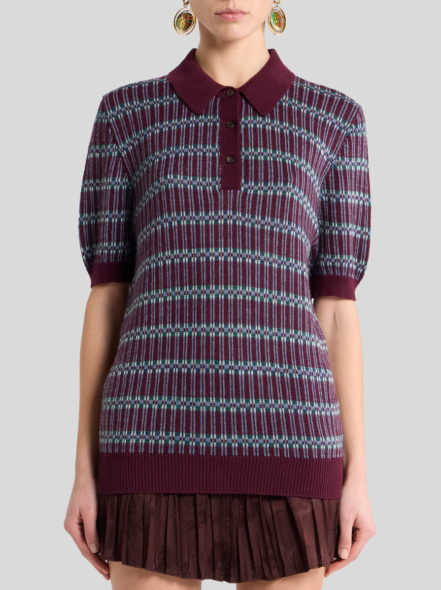 Etro-Wool Blend Jaquard Polo Shirt - Burgundy-Shirts-Boboli-Vancouver-Canada
