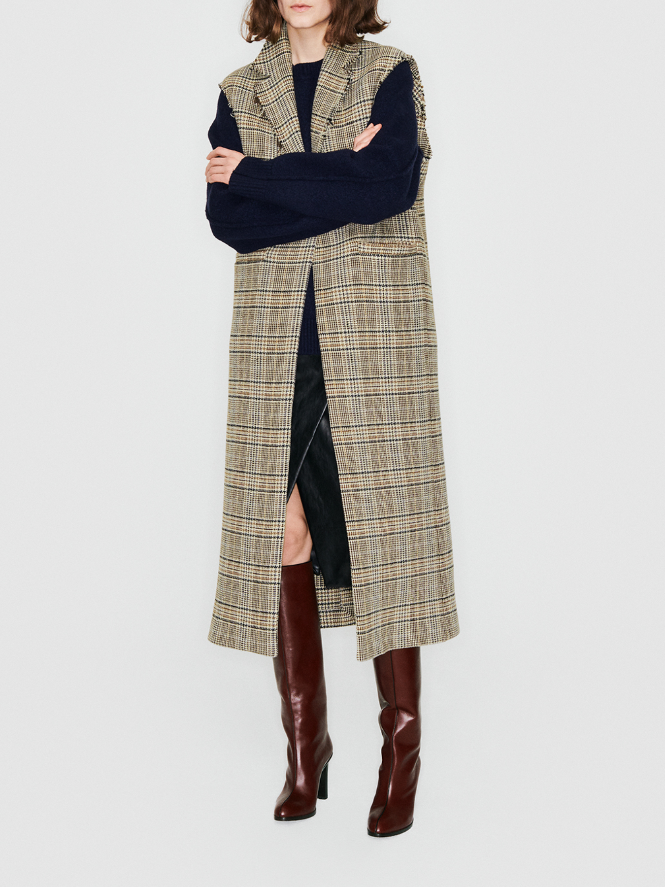 Sleeveless Blazer Long Wool - Check Camel