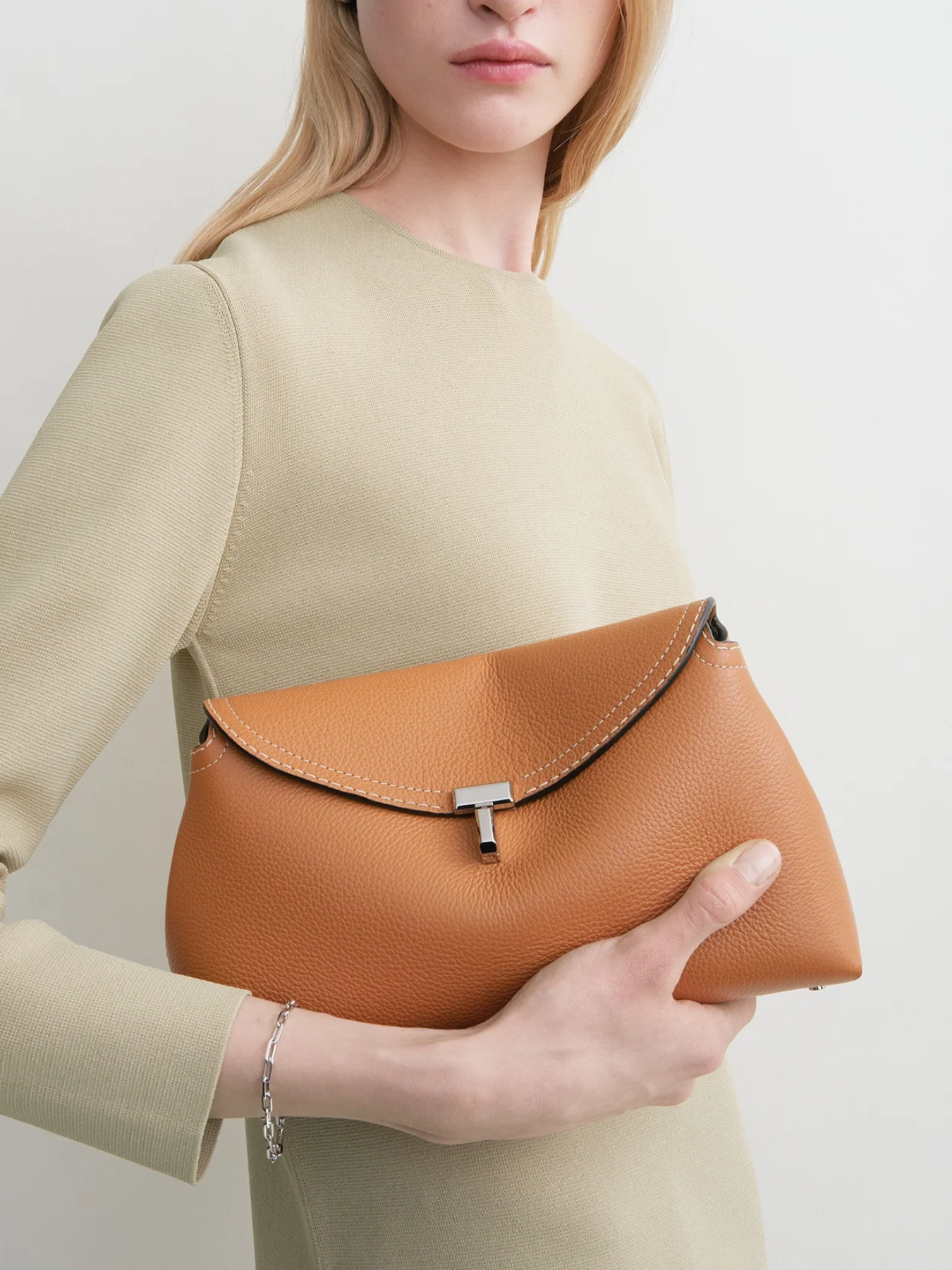 Totême-T-Lock Grained Leather Clutch - Tan-Bags-Boboli-Vancouver-Canada
