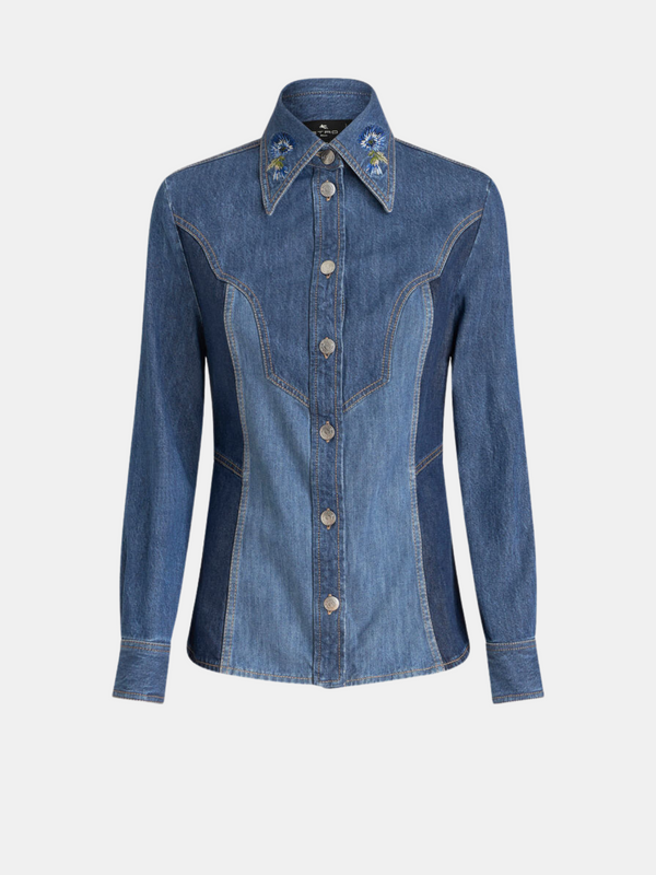 Etro-Denim Shirt w/Embroidery - Blue-Shirts-IT 38-Boboli-Vancouver-Canada