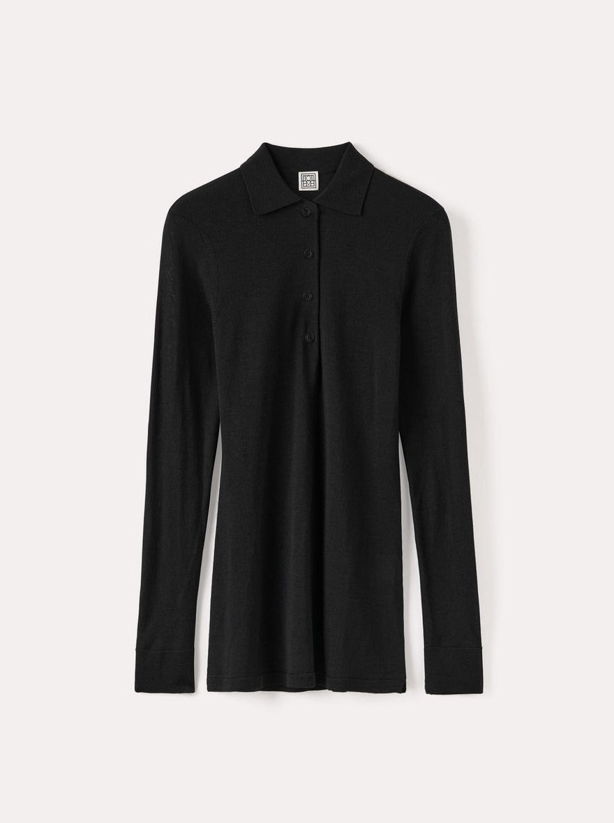 Totême-Fine Merino L.S. Polo - Black-Shirts-Boboli-Vancouver-Canada