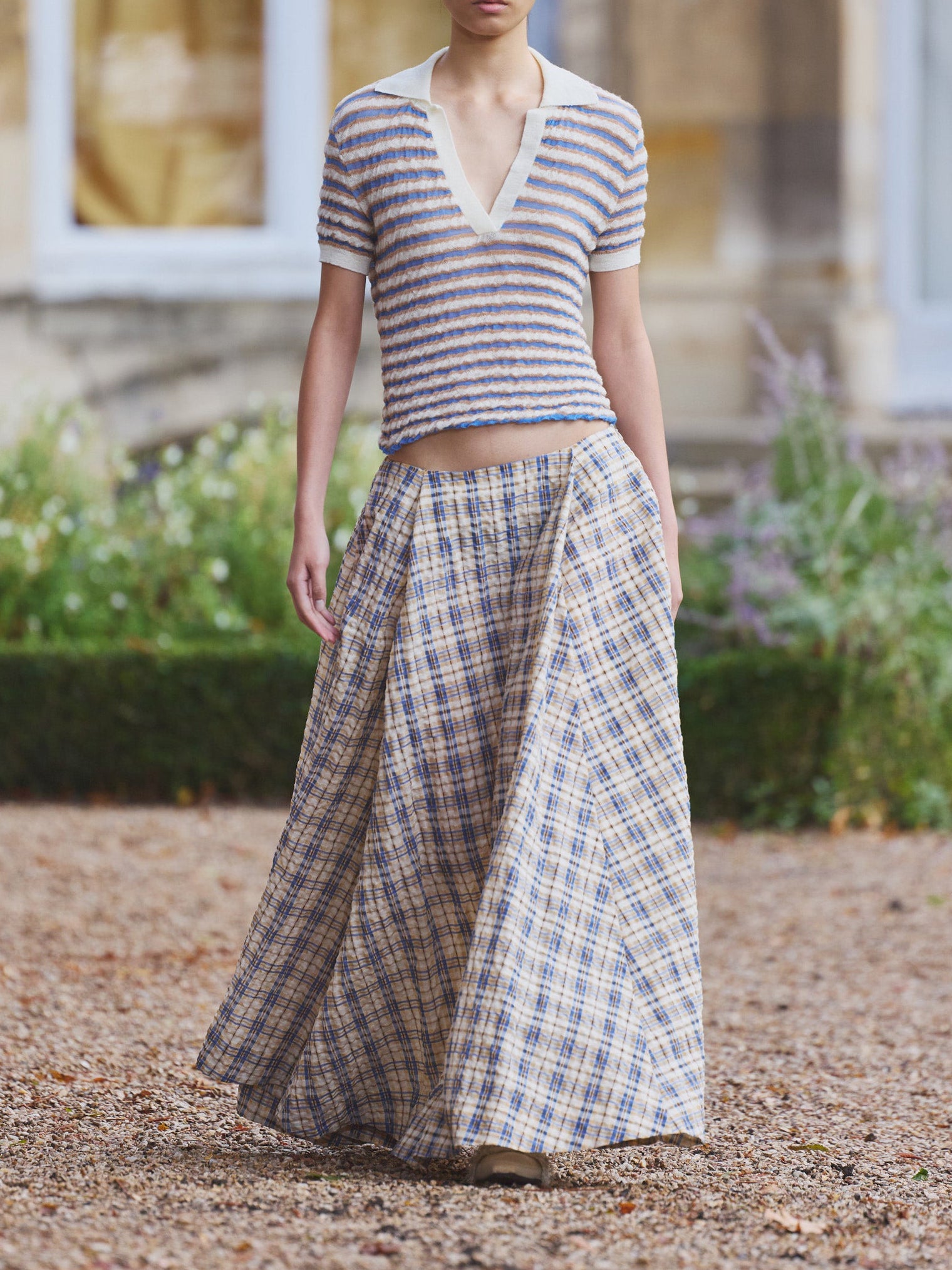 Kennedy Midi Skirt - Blue & Beige Seersucker Check
