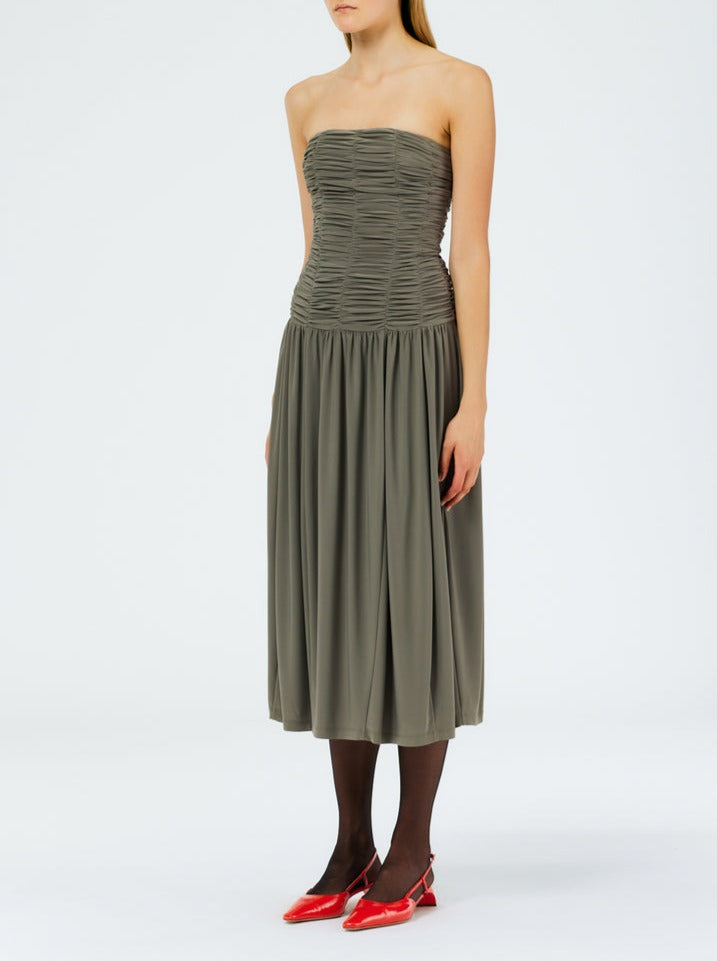 Tibi-Drapey Jersey Ruched Strapless Dress - Granite-Dresses-Boboli-Vancouver-Canada