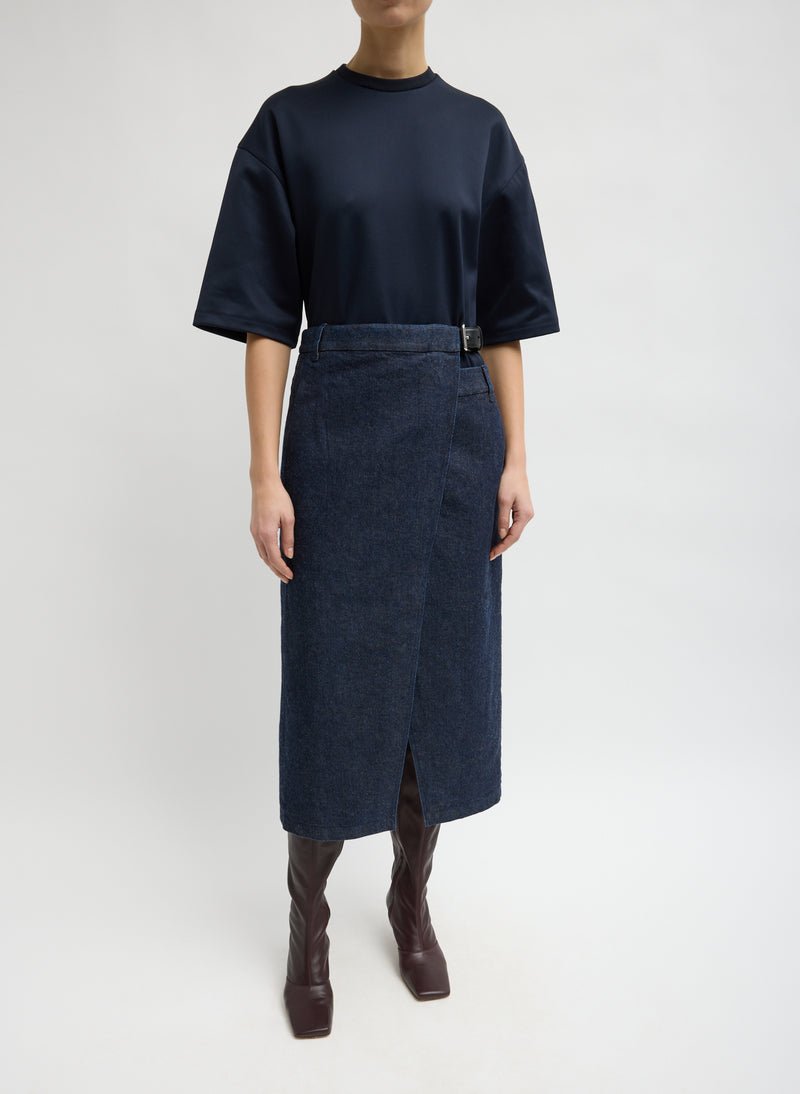 Tibi-Indigo Denim Double Apron Skirt - Darde Dark Denim-Skirts-Boboli-Vancouver-Canada