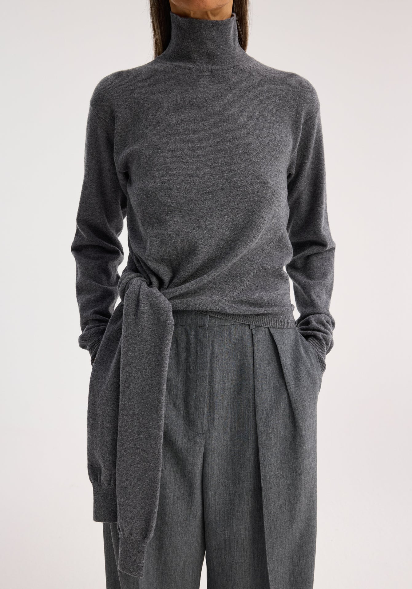 Twisted Knotted Turtleneck Jumper - Mid-Grey Melange
