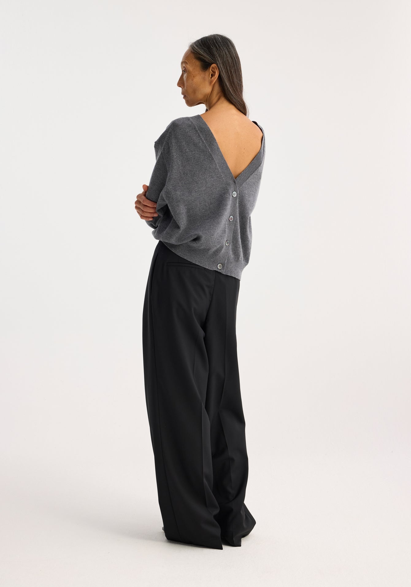 Reversed Open Back Cardigan - Mid-Grey Melange