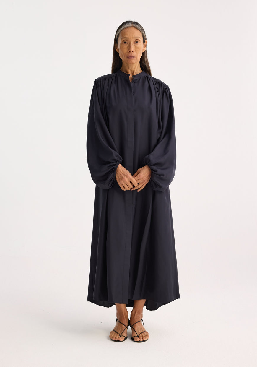 Silk Pleated Dress - Navy