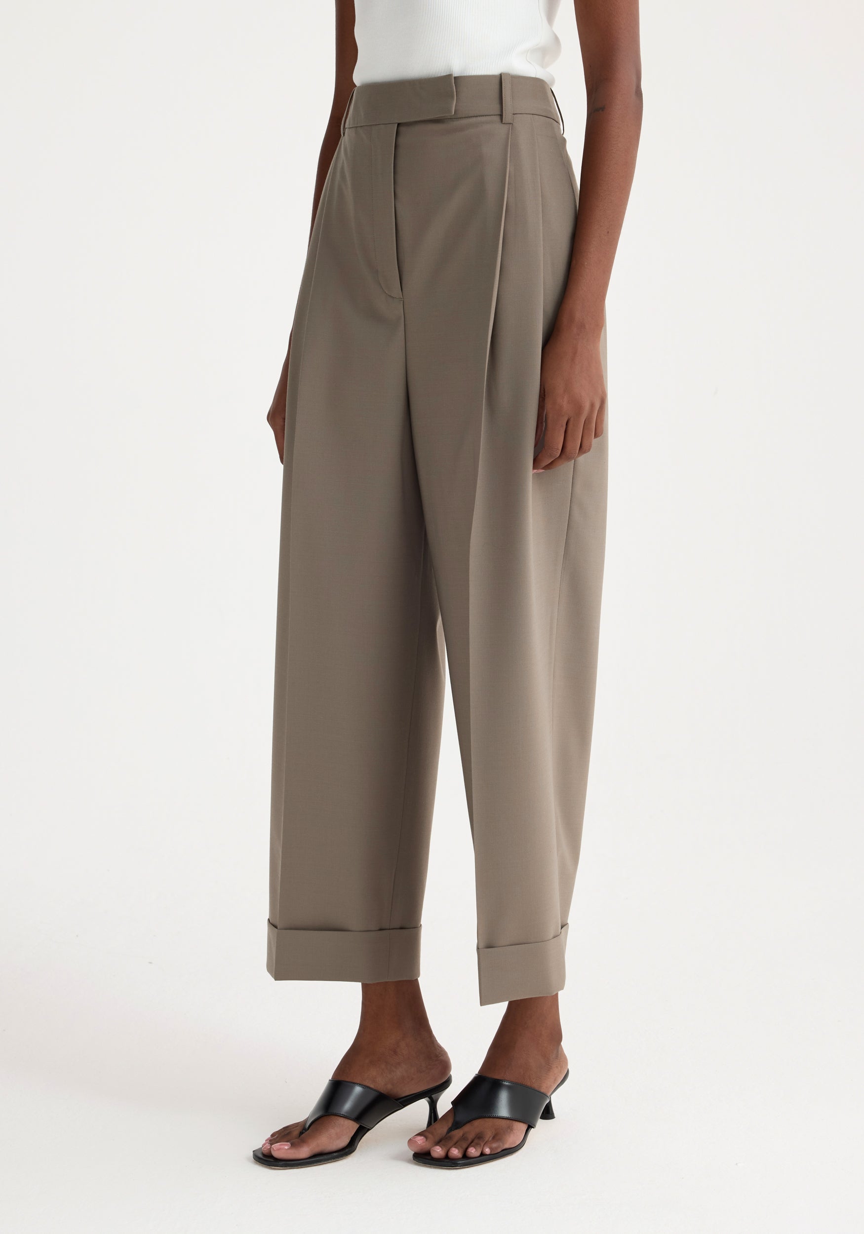 High Waist Turn-Up Trousers - Taupe