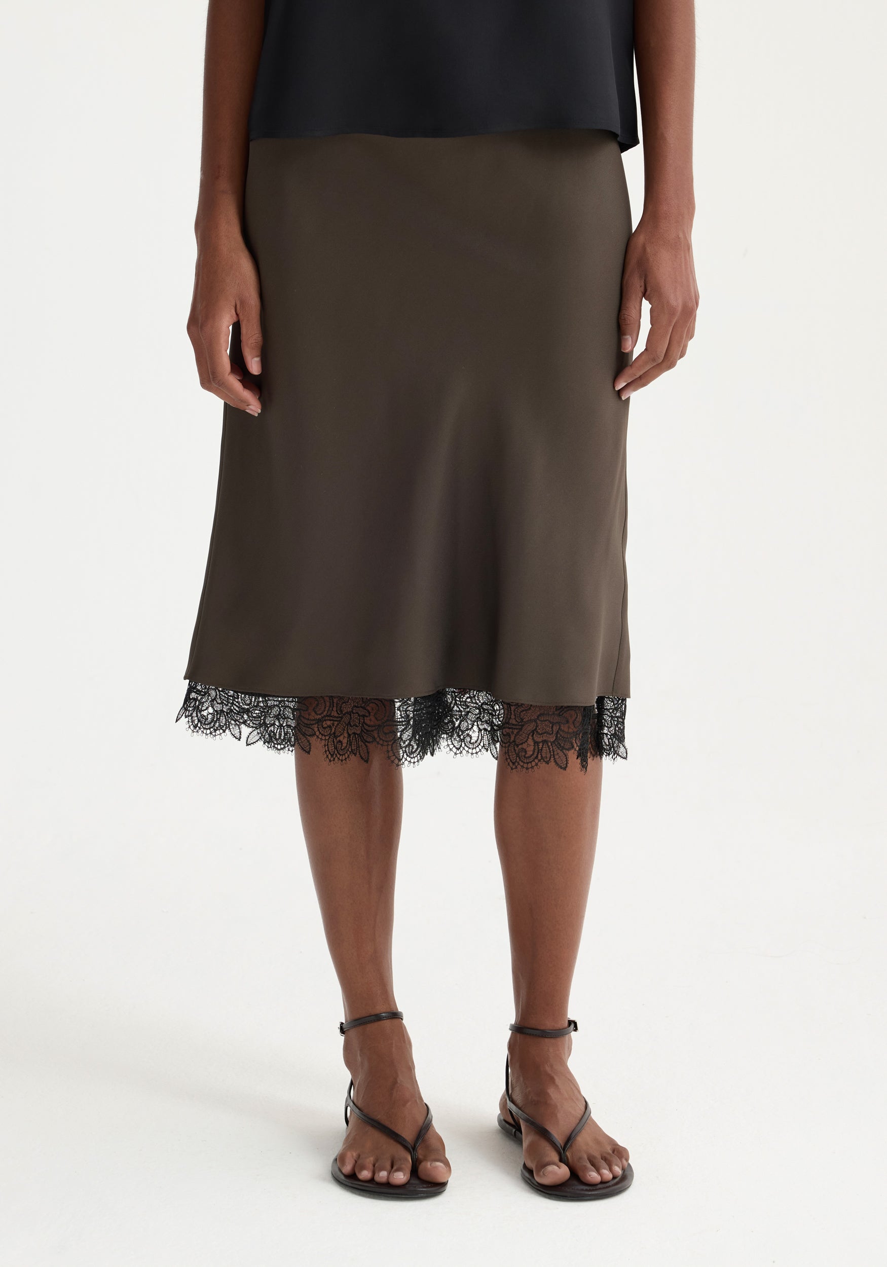 Lace-Trimmed Silk Skirt - Earth