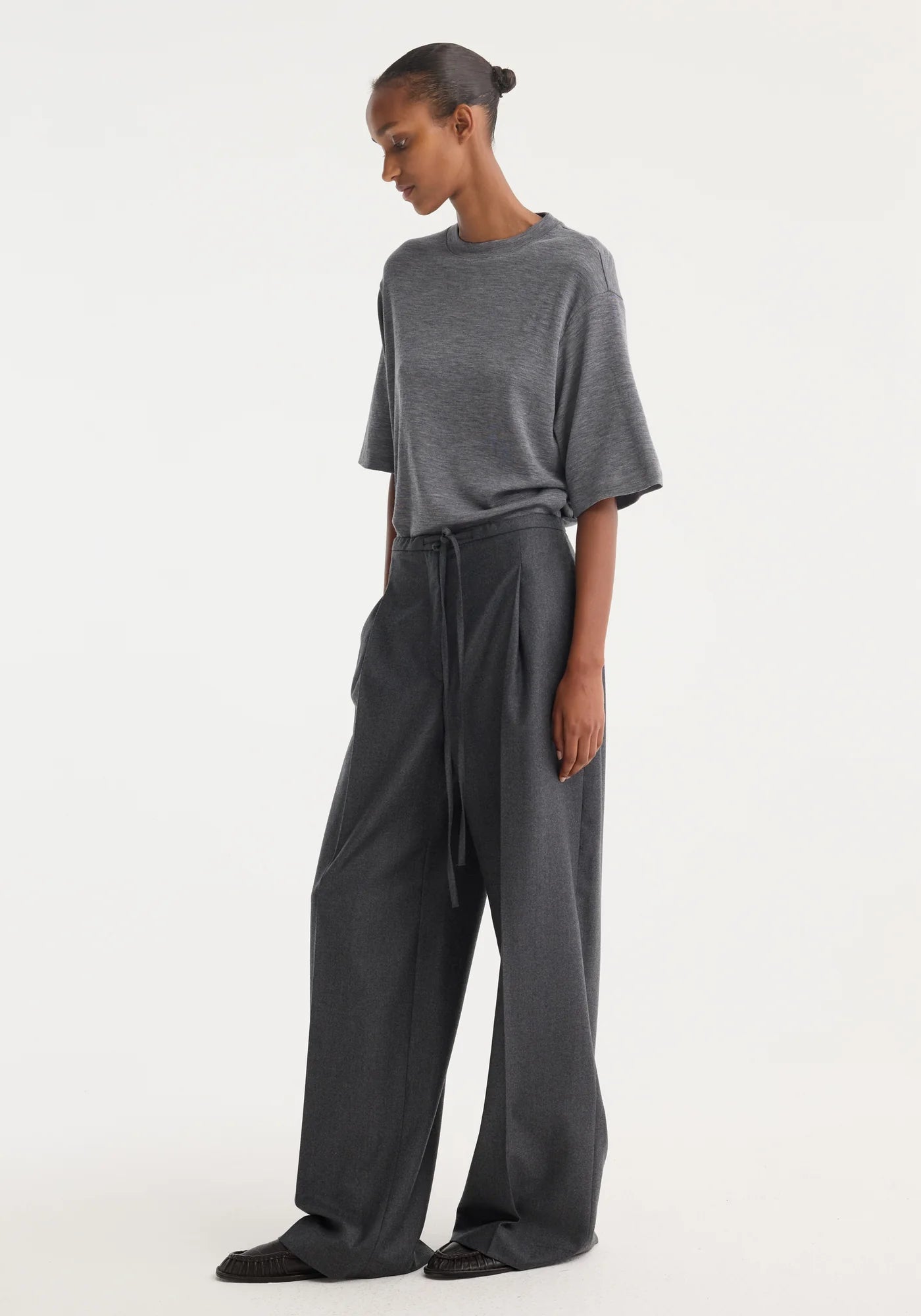 Relaxed Soft Wool Trousers - Dark Grey Melange