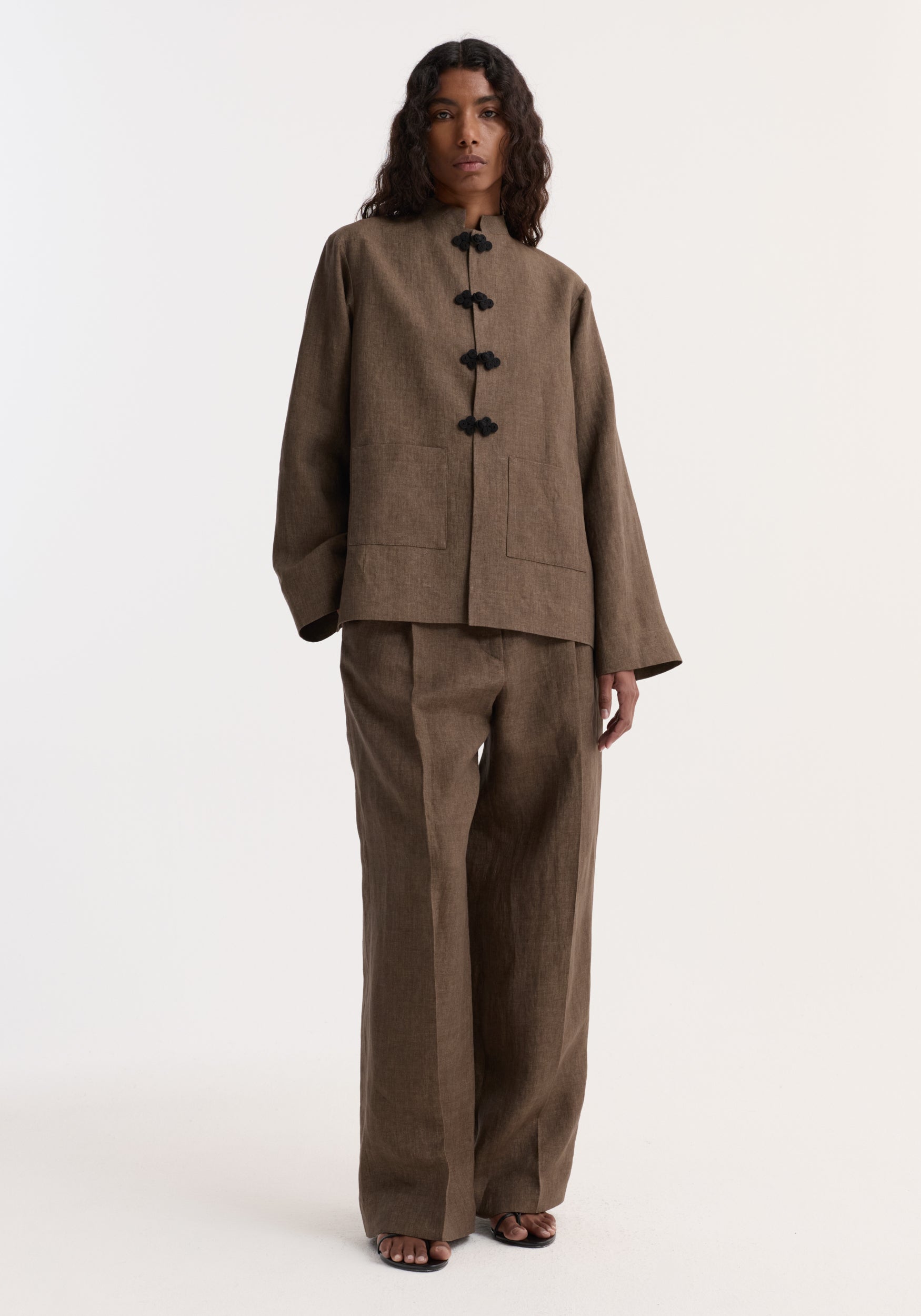 Rohe-Pankou Closure Linen Jacket - Brown Melange-Jackets-Boboli-Vancouver-Canada