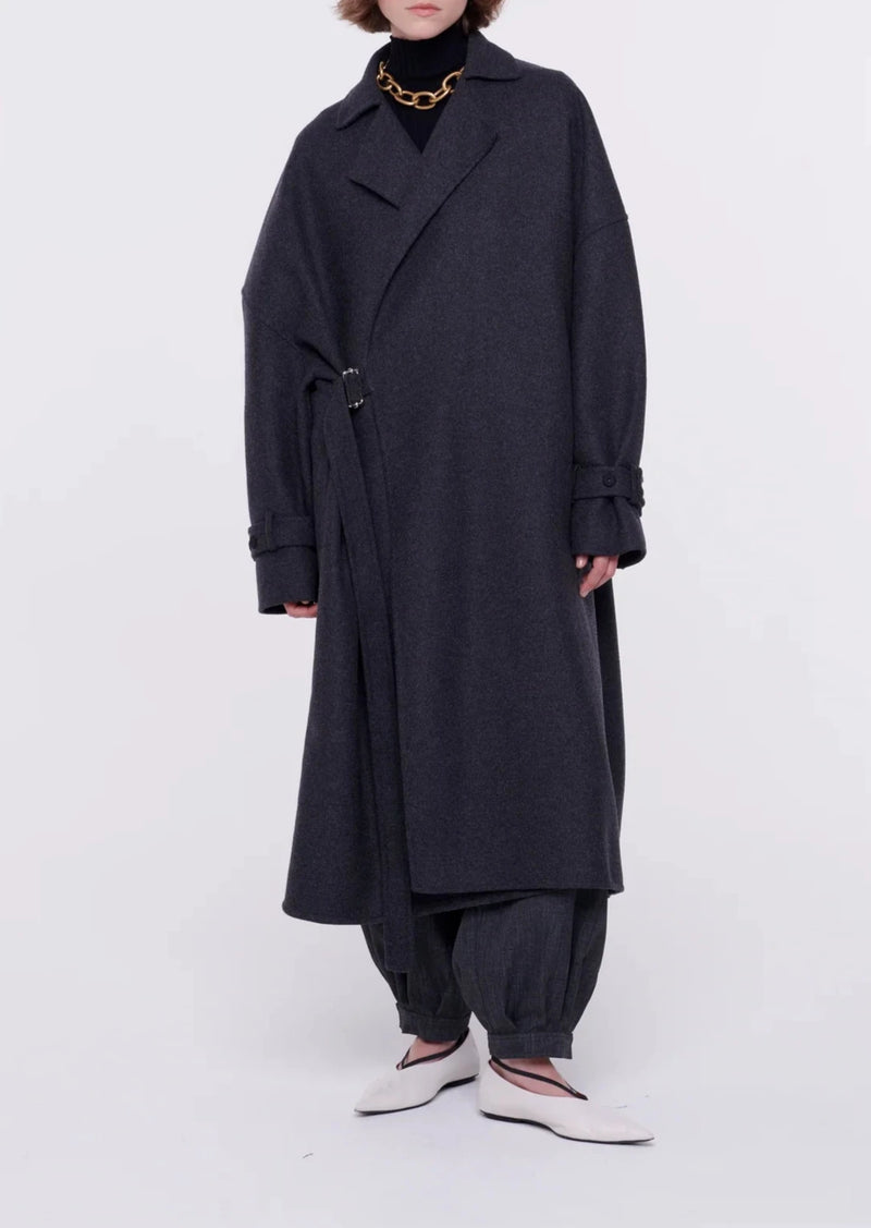 Woven Double Wool Coat - Black Grey