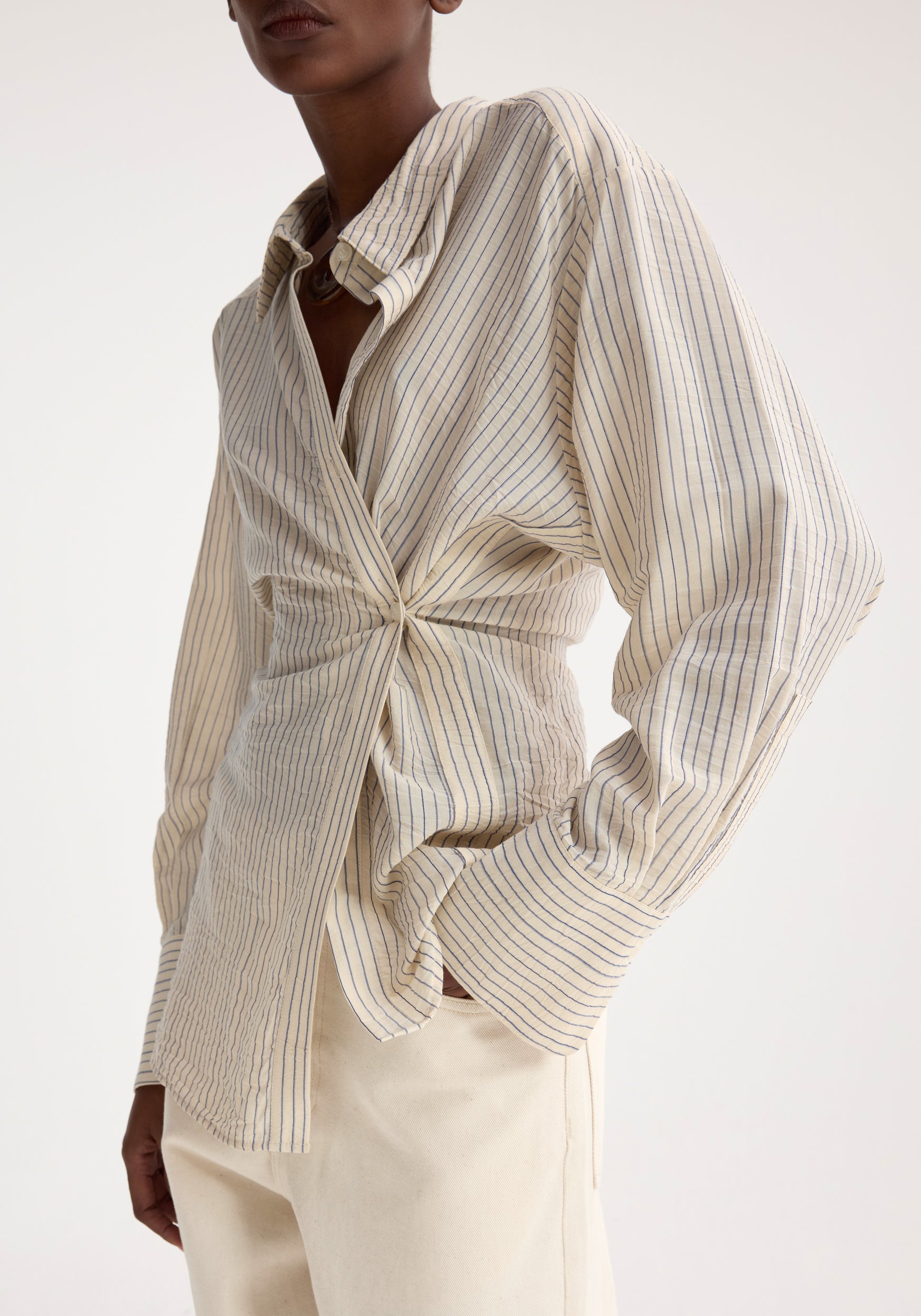 Asymmetric Waisted Striped Shirt - Cream/Navy Stripe