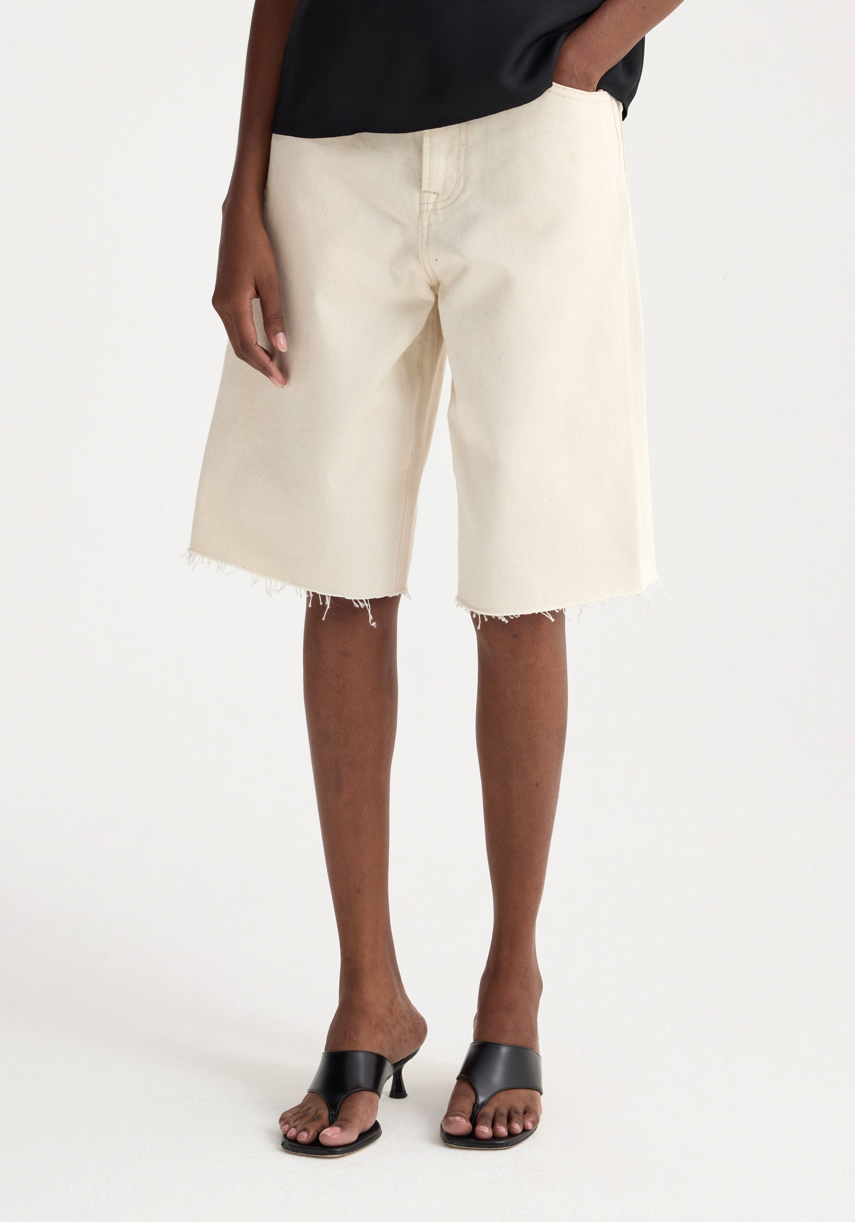 Baggy Fit Denim Shorts - Ecru