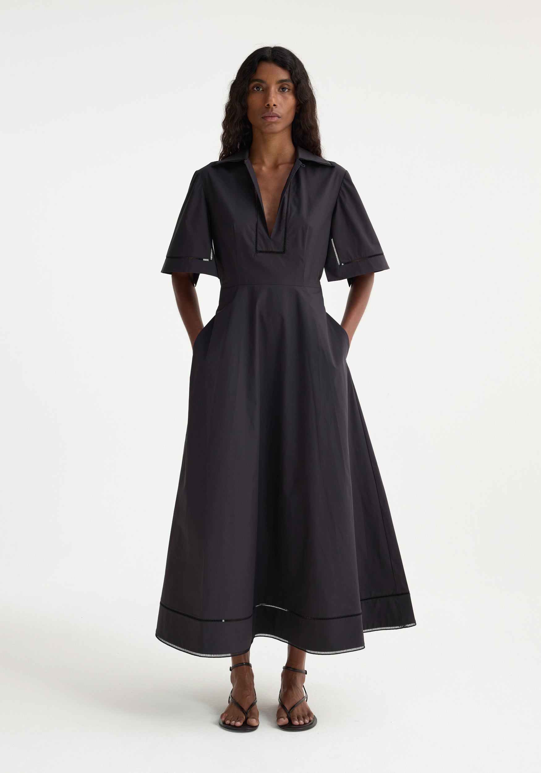 Ladder Embroidered Poplin Dress - Black