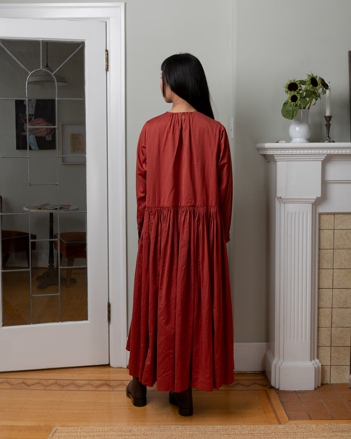 Pomme Ruchee Twill Cotton Silk Dress - Brick