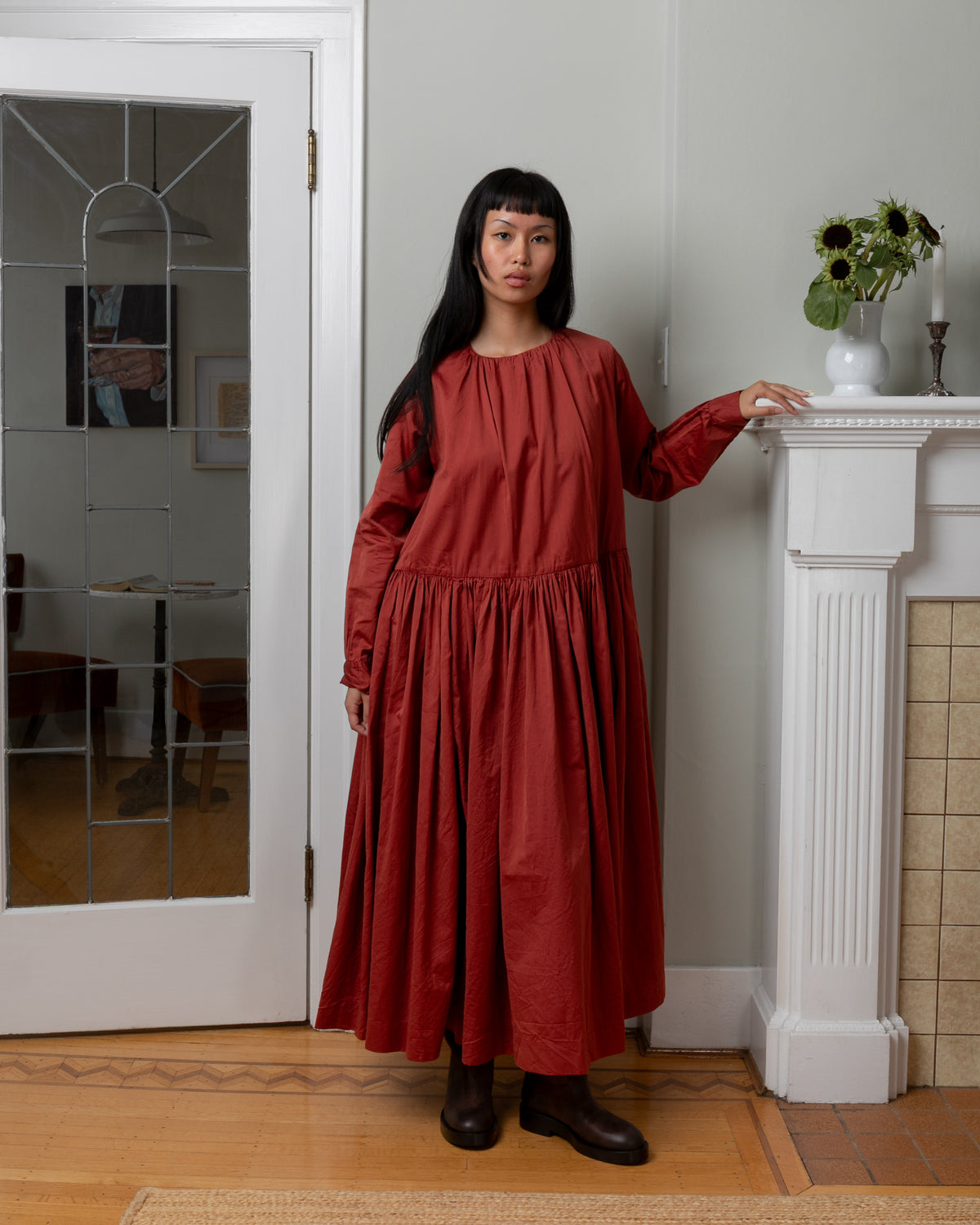 Pomme Ruchee Twill Cotton Silk Dress - Brick