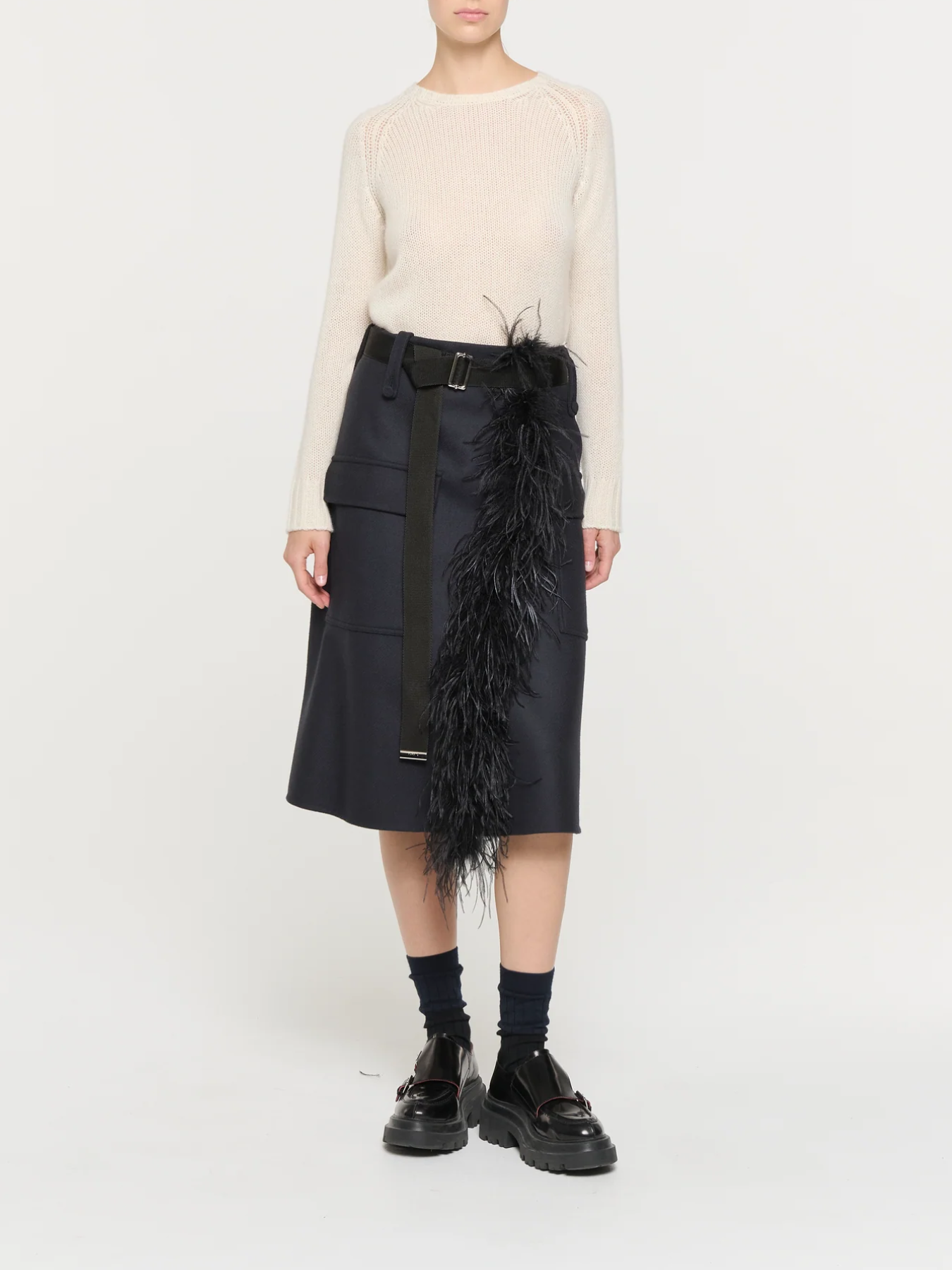 Plan C-Wool Midi Skirt w/Feather Insert - Blue Black-Skirts-Boboli-Vancouver-Canada