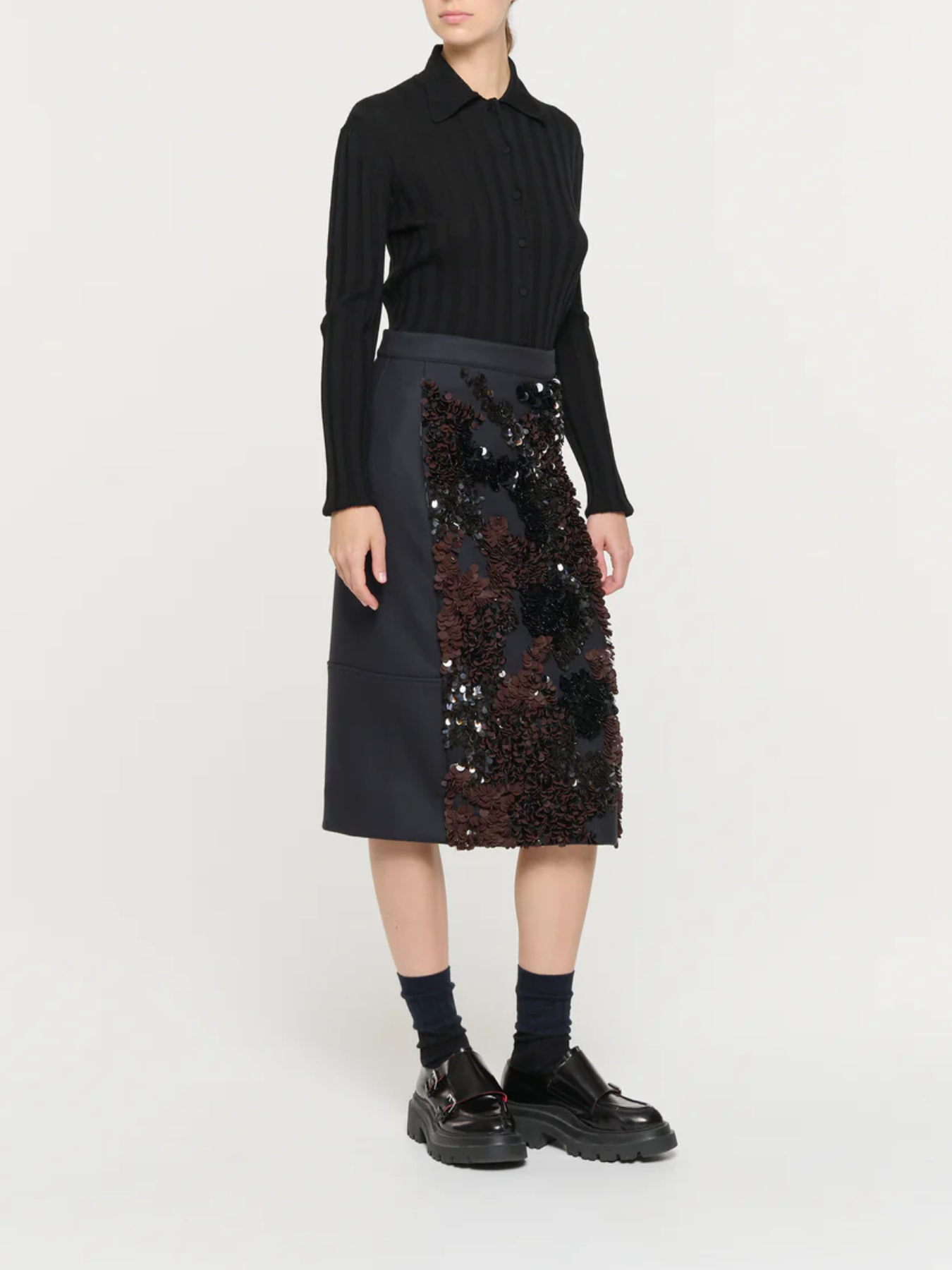 Plan C-Wool Midi Skirt w/Sequins - Blue Black-Skirts-Boboli-Vancouver-Canada