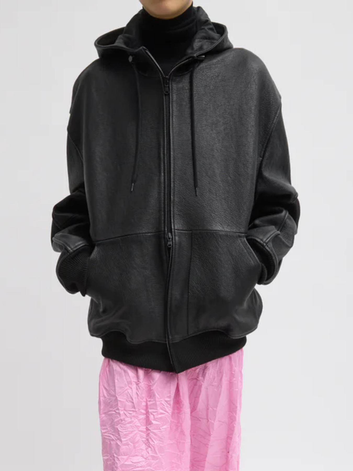 Tibi-Pebbled Leather Zip Up Hoodie Jacket - Black-Jackets-Boboli-Vancouver-Canada