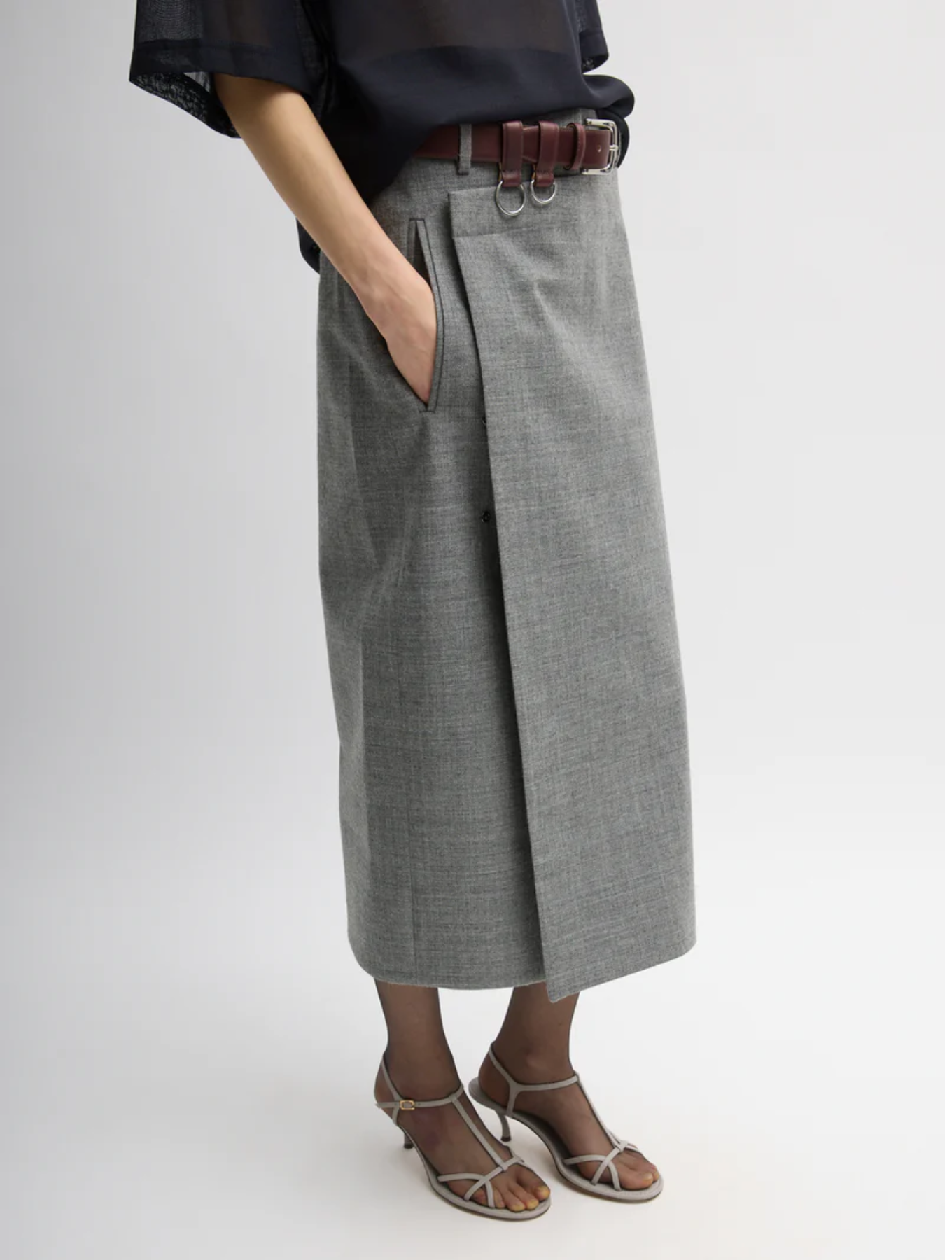 Tibi-Techy Bonded Wool Wrap Midi Skirt - Grey-Skirts-Boboli-Vancouver-Canada