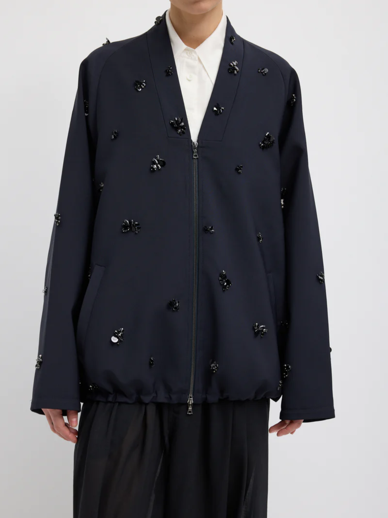 Tibi-Tropical Wool Beaded Bomber - Navy-Jackets-Boboli-Vancouver-Canada