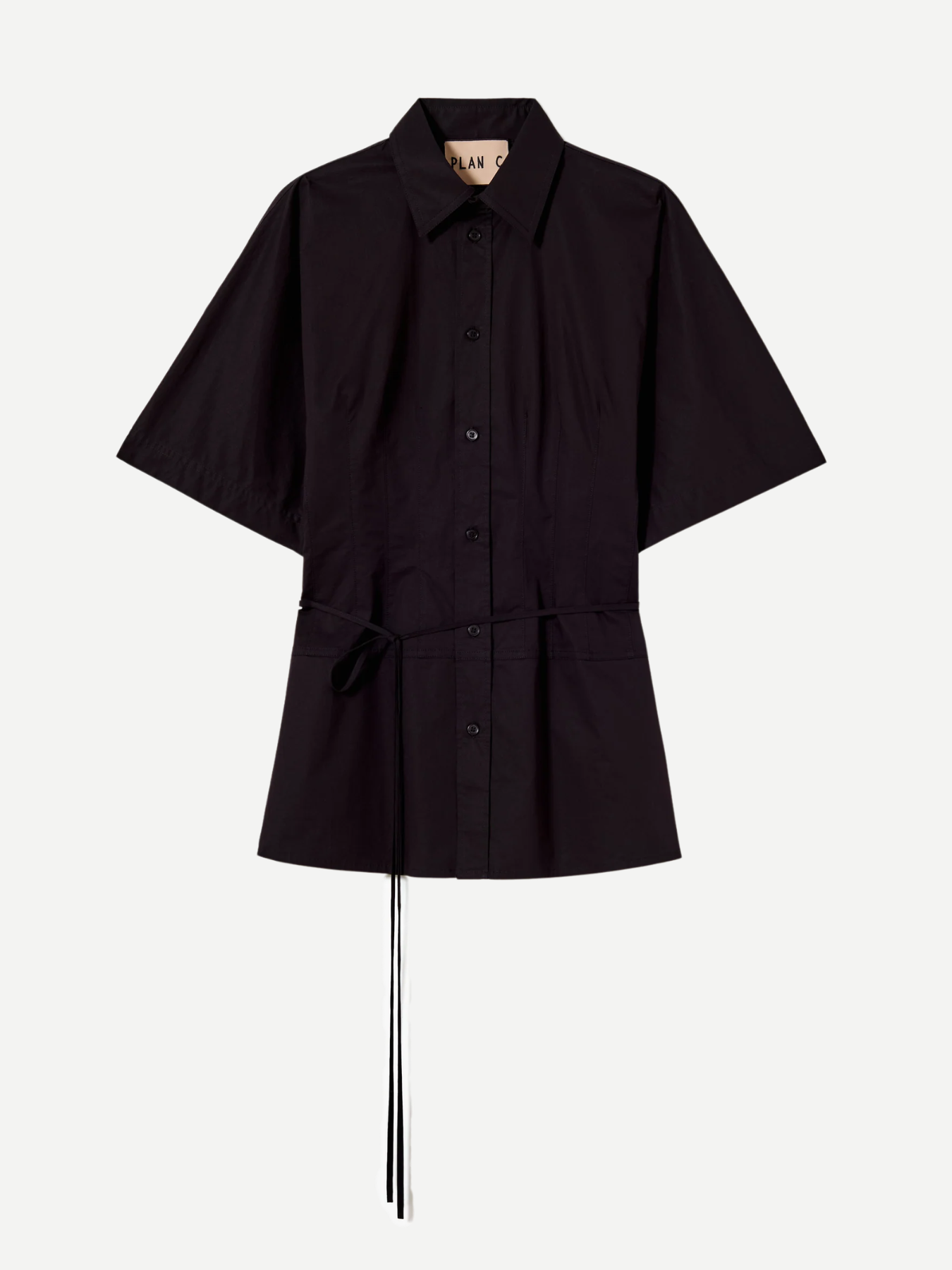 Plan C-Popeline Shirt With Self Tie Belt - Black-Shirts-Boboli-Vancouver-Canada