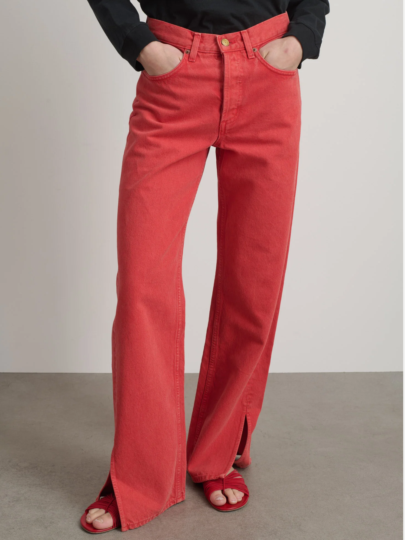 B Sides-Charlot Split Hem Denim - Faded Tomato Overdye-Pants-Boboli-Vancouver-Canada