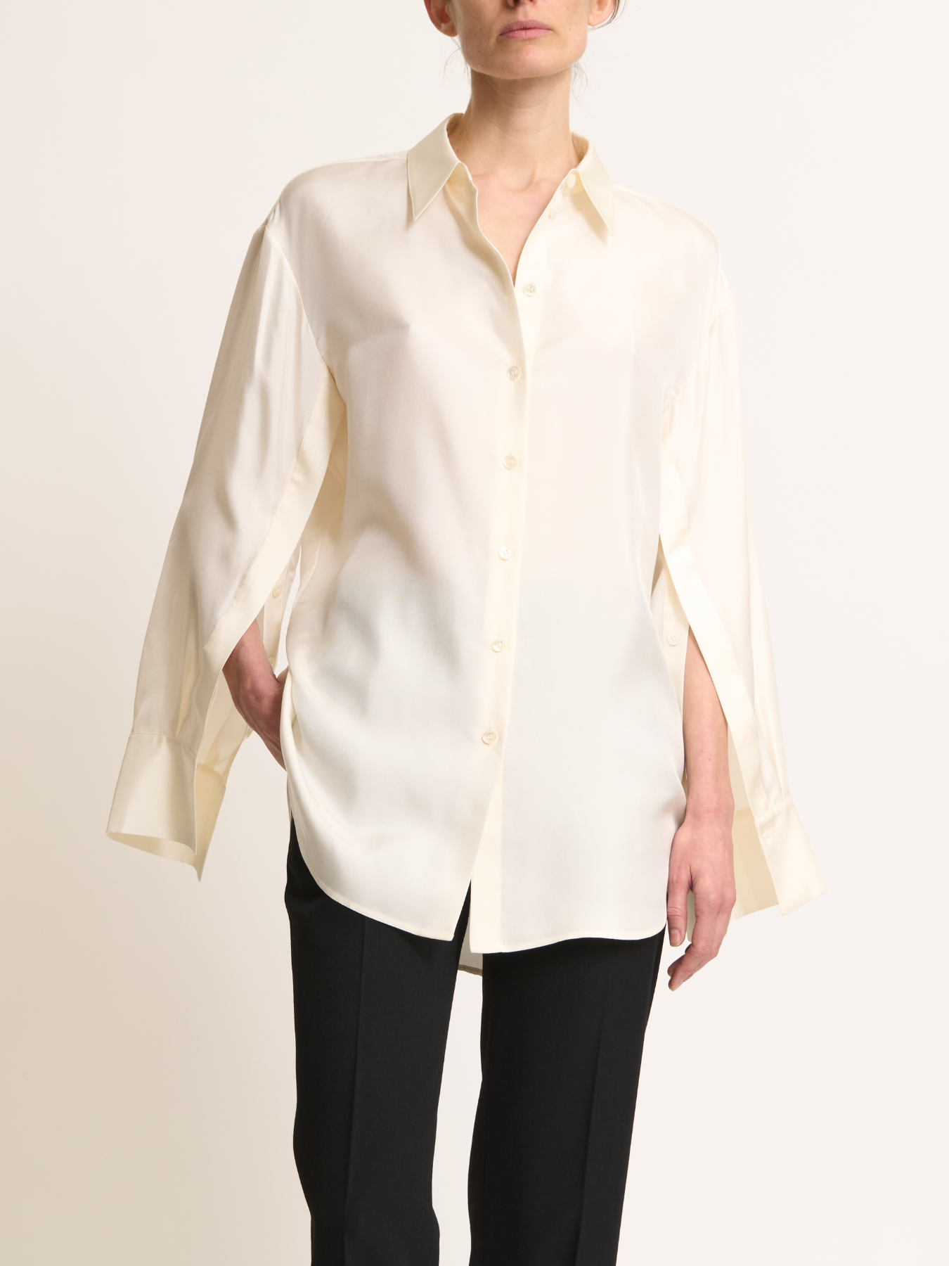 Róhe-Silk Open-Sleeve Detailed Shirt - Cream-Shirts-Boboli-Vancouver-Canada