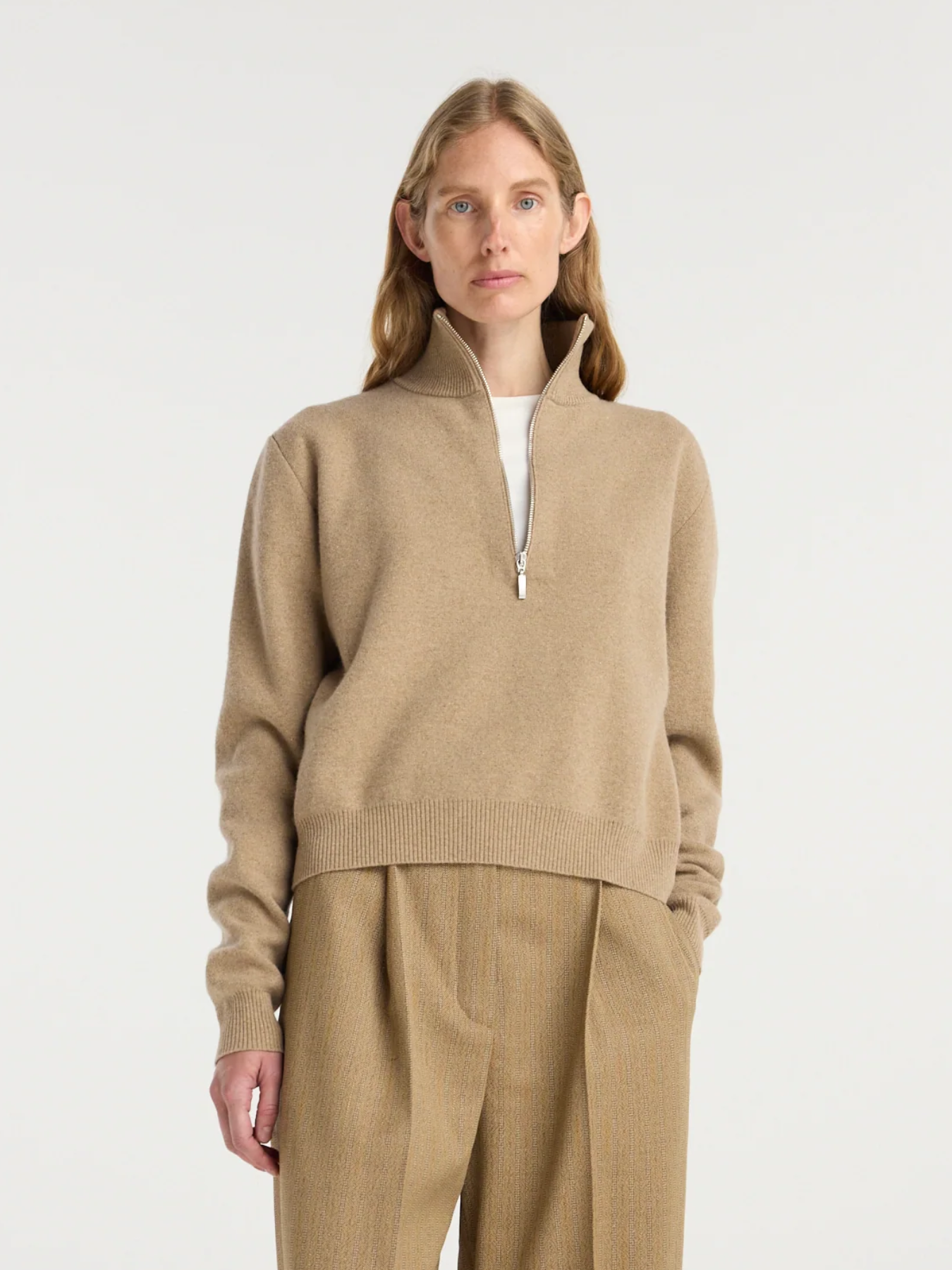Róhe-Zipped Mouliné Polo - Camel-Sweaters-Boboli-Vancouver-Canada