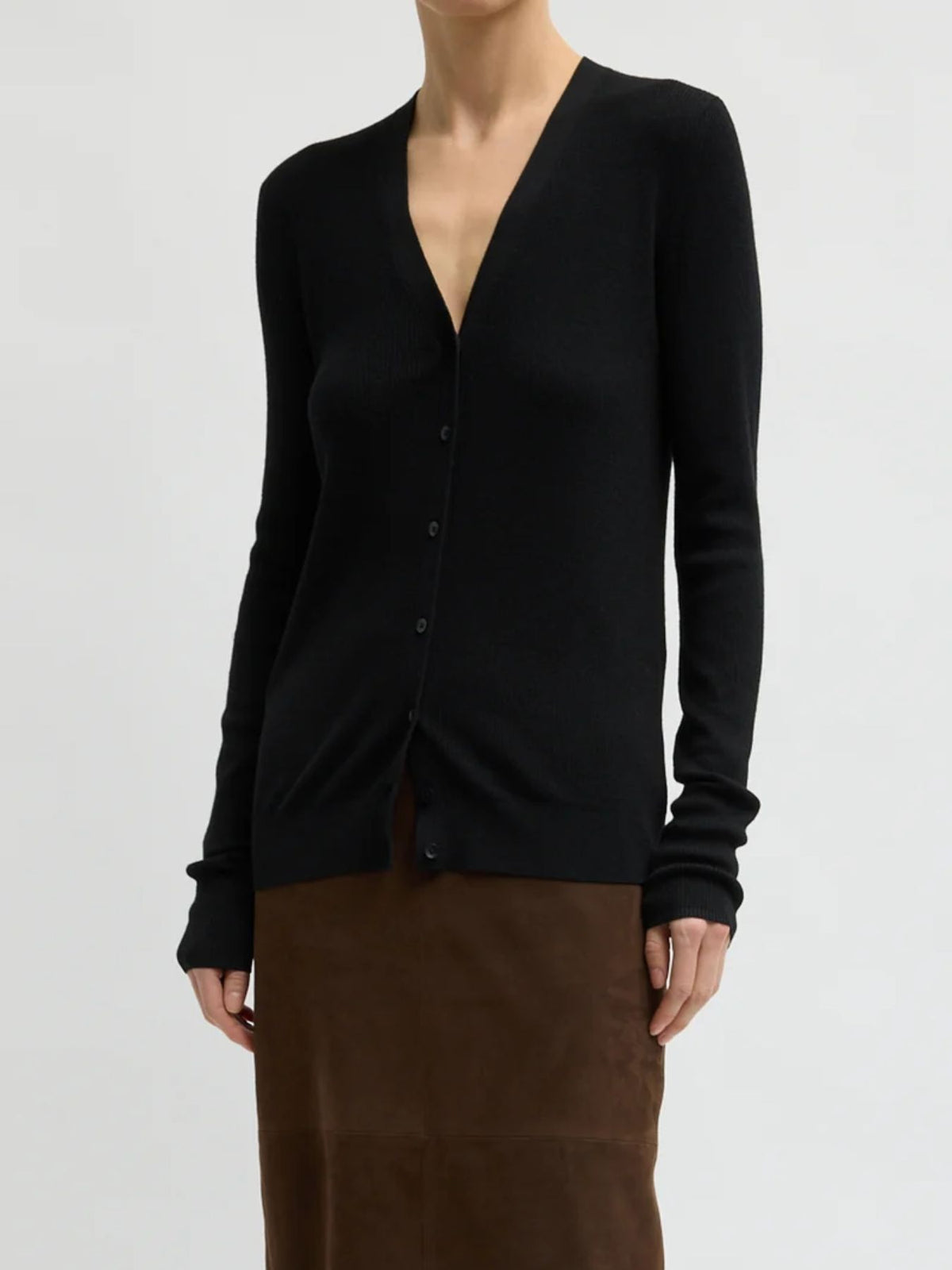 Tibi-Feather Weight Ribbed Vneck Slim Cardigan - Black-Sweaters-Boboli-Vancouver-Canada