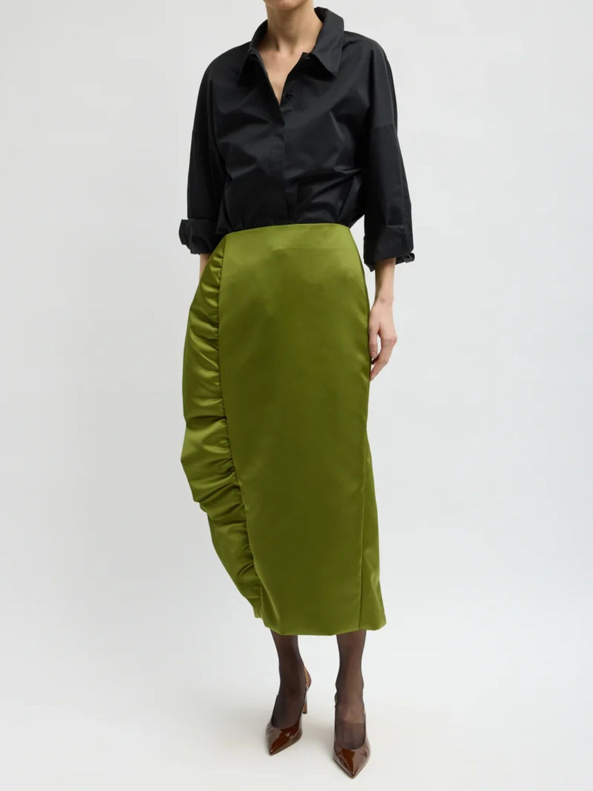 Tibi-Tech Satin Side Ruffle Skirt - Ick Green-Skirts-Boboli-Vancouver-Canada