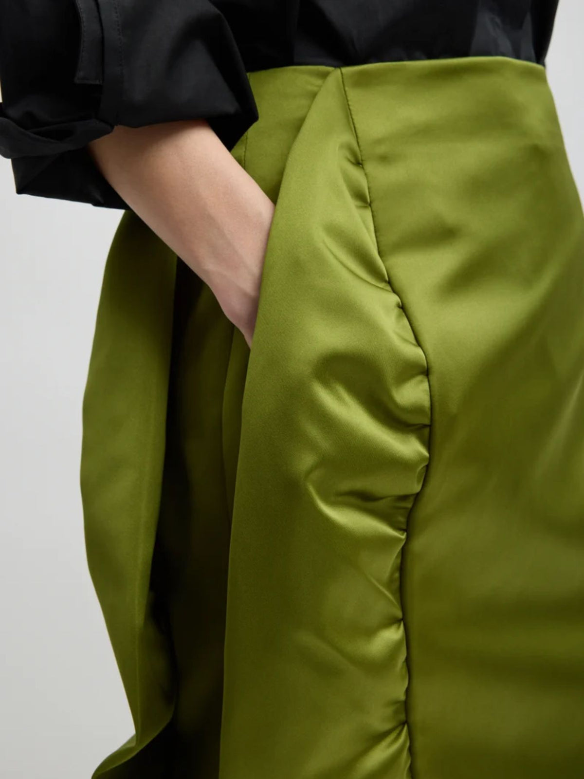 Tibi-Tech Satin Side Ruffle Skirt - Ick Green-Skirts-Boboli-Vancouver-Canada