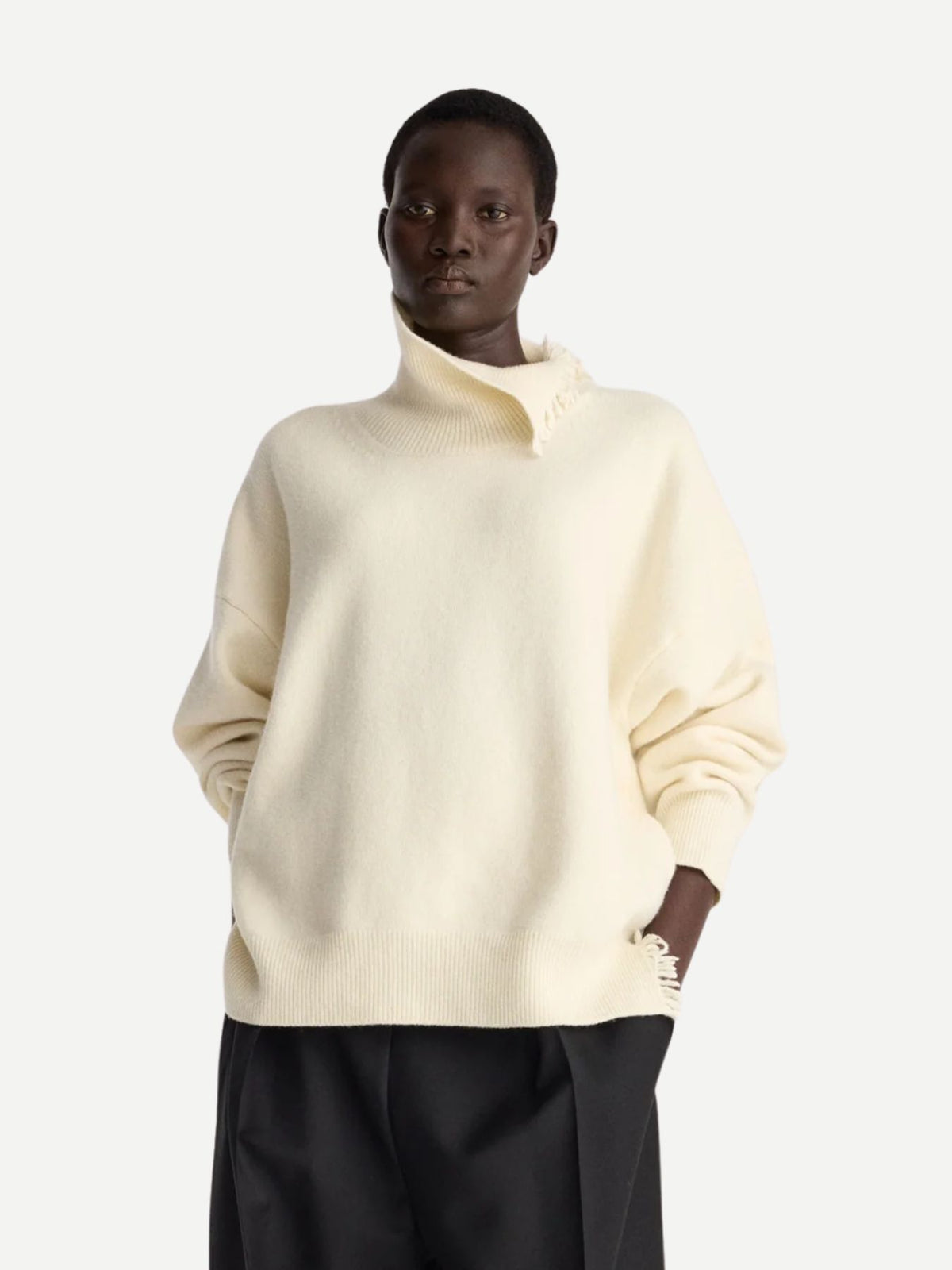 Rohe-Turtleneck With Raw Details - Off White-Sweaters-Boboli-Vancouver-Canada