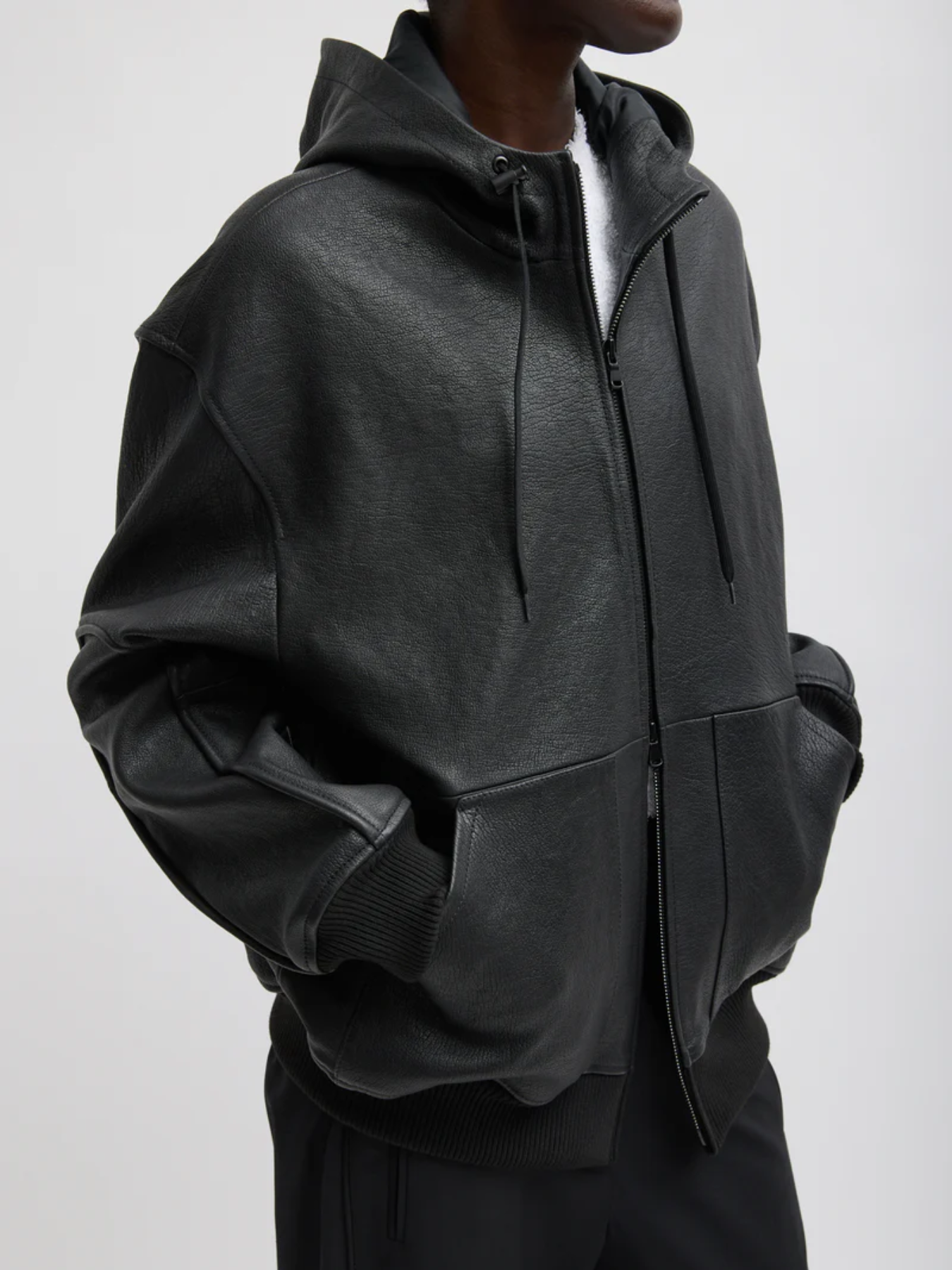 Tibi-Pebbled Leather Zip Up Hoodie Jacket - Black-Jackets-Boboli-Vancouver-Canada