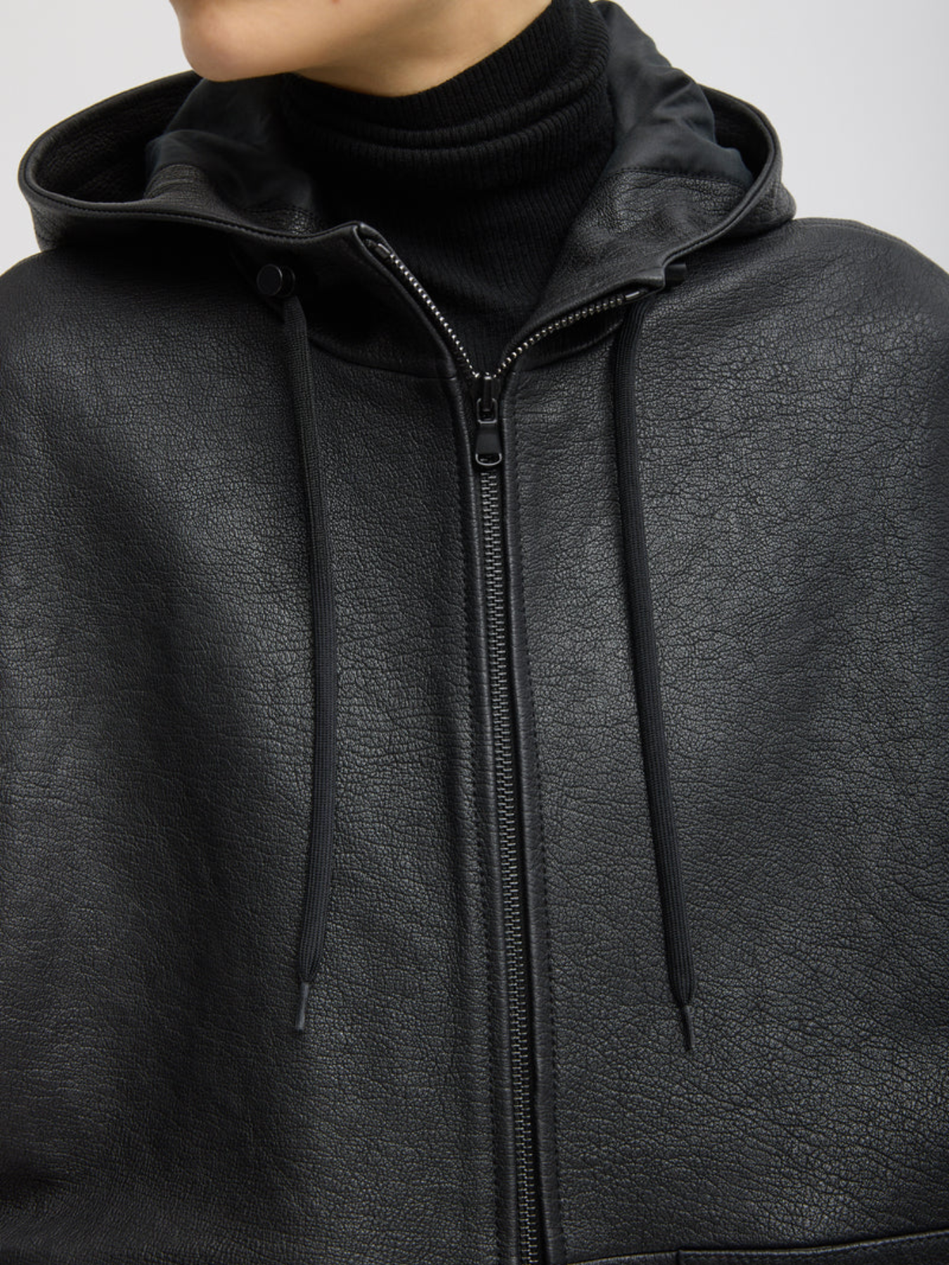 Tibi-Pebbled Leather Zip Up Hoodie Jacket - Black-Jackets-Boboli-Vancouver-Canada