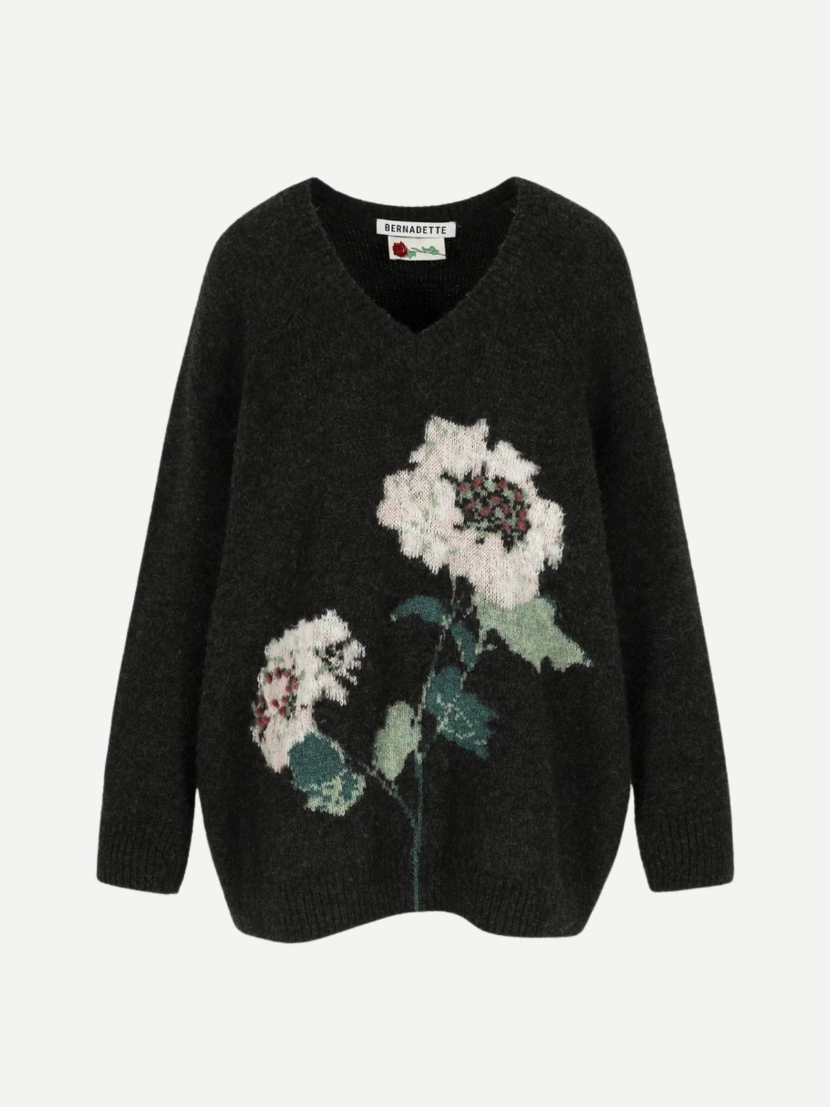 Bernadette-Kane Sweater-Soft Pink Hydrangea Intarsia On Dark Grey Melange-Sweaters-Boboli-Vancouver-Canada