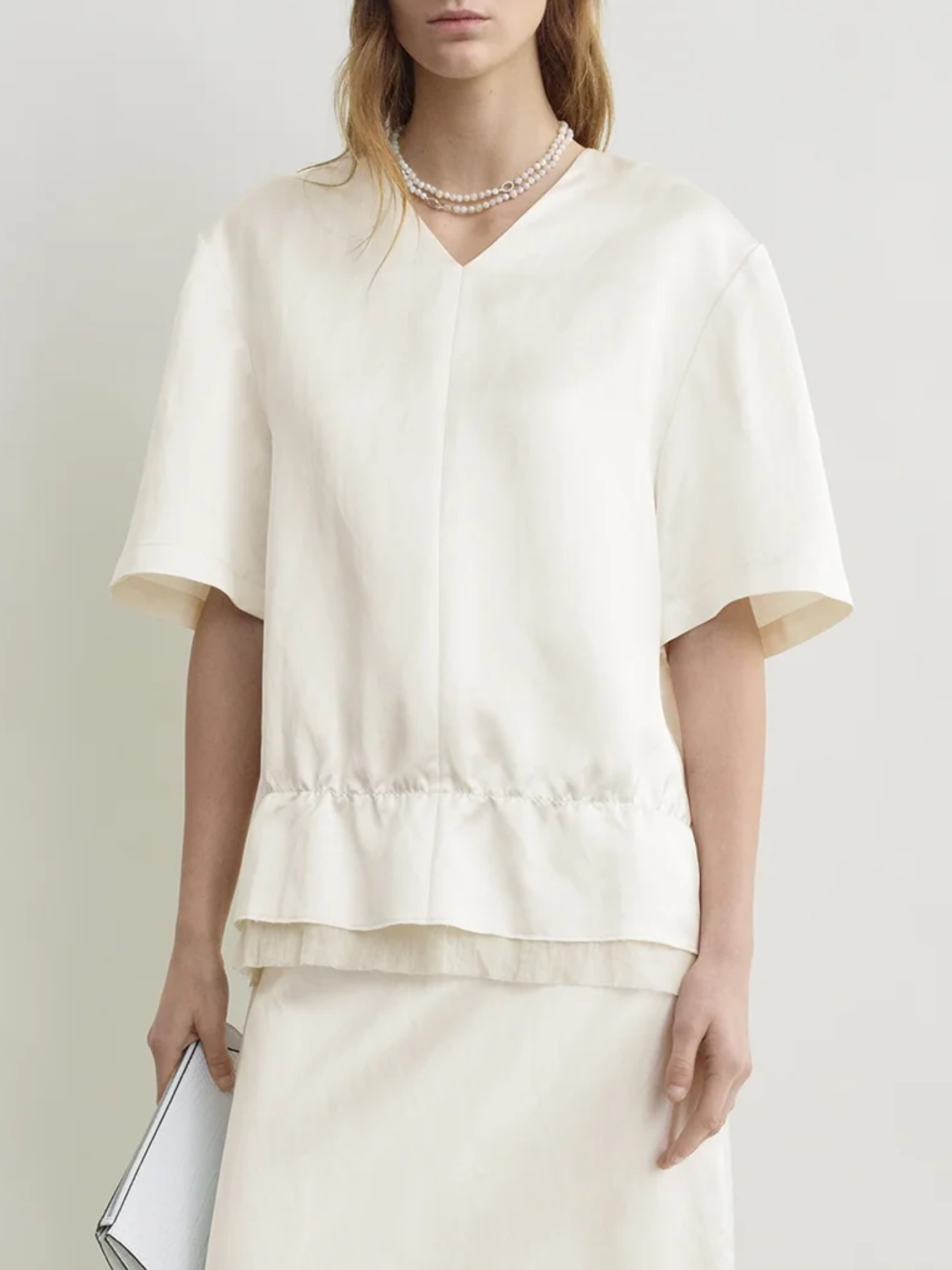 Totême-V-Neck Satin Pullover - White-Sweaters-Boboli-Vancouver-Canada