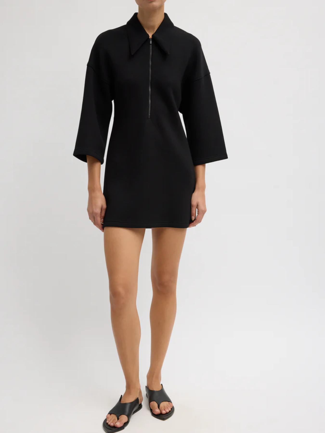 Tibi-Bonded Viscose Zip Front S.S. Slim Tunic - Black-Tops-Boboli-Vancouver-Canada