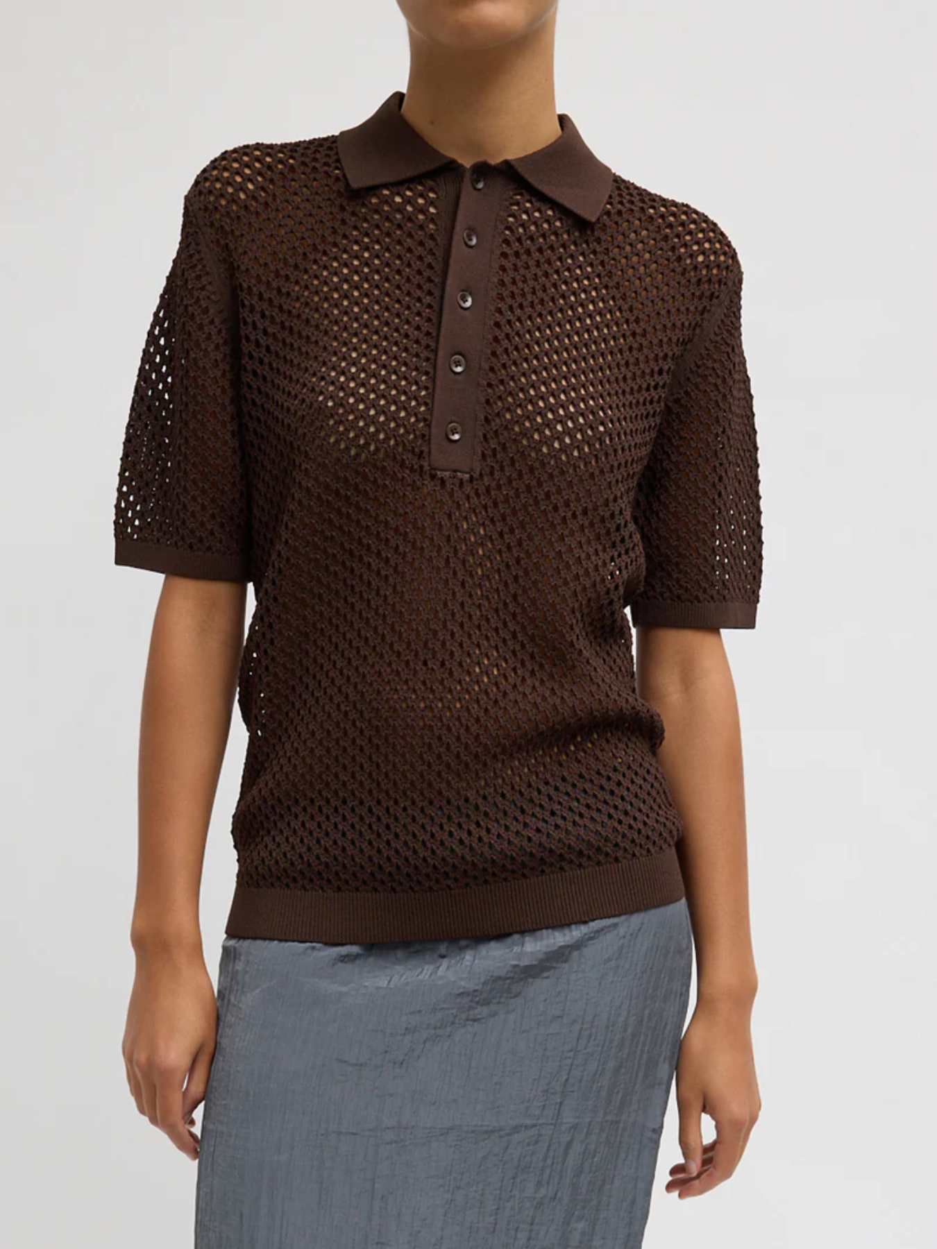 Tibi-Crochet Netting Slim Polo - Hickory Brown-Shirts-Boboli-Vancouver-Canada