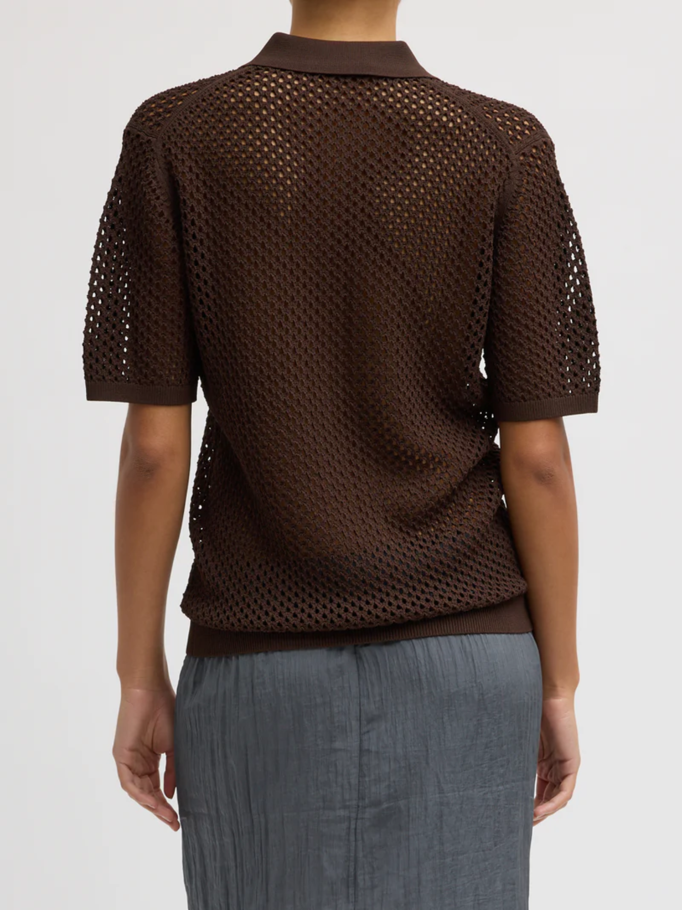 Tibi-Crochet Netting Slim Polo - Hickory Brown-Shirts-Boboli-Vancouver-Canada