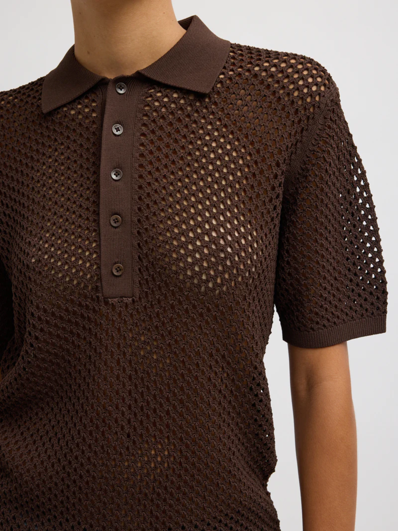 Tibi-Crochet Netting Slim Polo - Hickory Brown-Shirts-Boboli-Vancouver-Canada