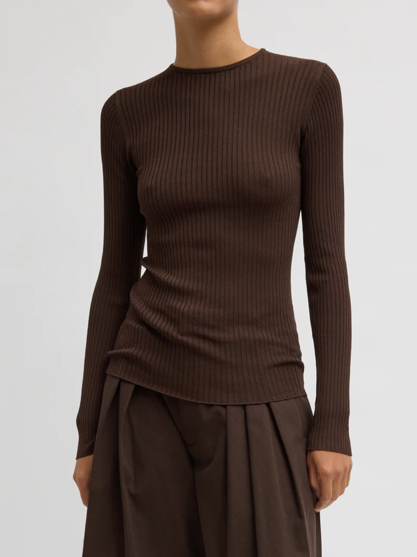 Tibi-Ribbed Sweater Crewneck Pullover - Hickory Brown-Sweaters-Boboli-Vancouver-Canada
