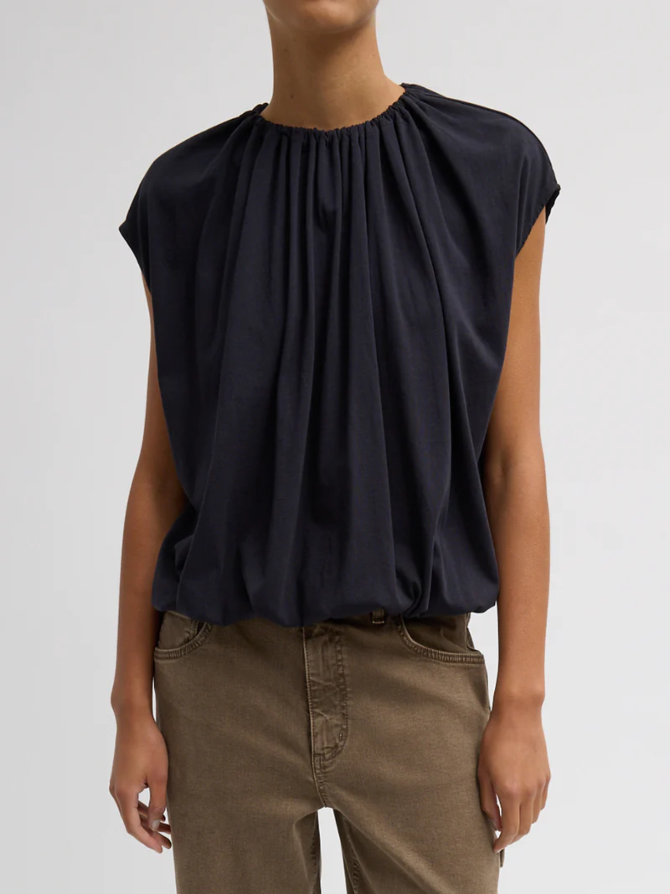 Tibi-Shirred Neck Circular Top - Dark Navy-Tops-Boboli-Vancouver-Canada