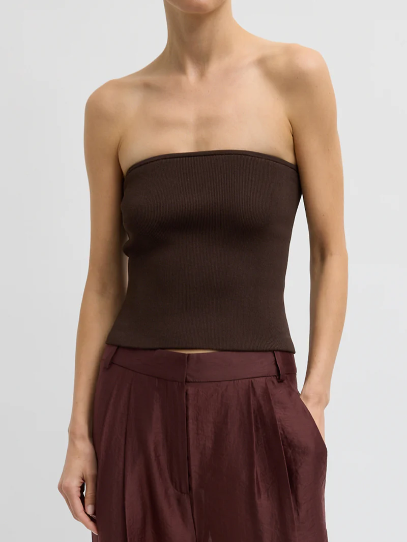 Tibi-Ribbed Sweater Tube Top - Hickory Brown-Tops-Boboli-Vancouver-Canada