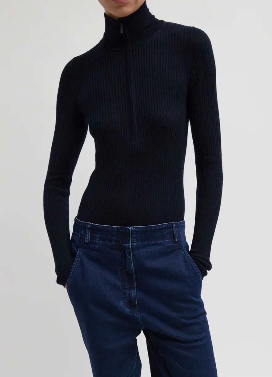 Feather Weight Ribbed TNeck Sweater - Navy